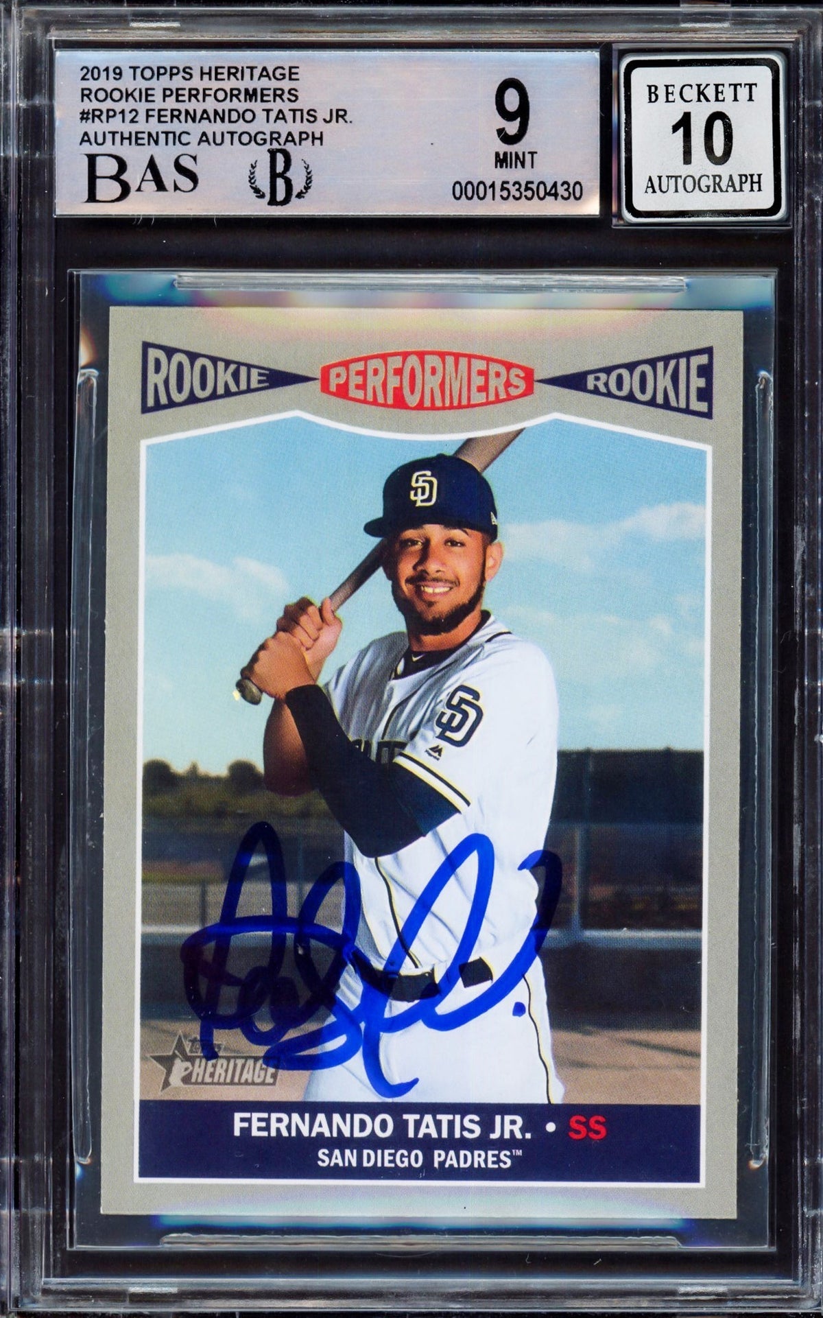 Fernando Tatis Jr. Autographed 2019 Topps Heritage Rookie Performers Rookie Card #Rp-12 San Diego Padres BGS 9 Auto Grade Gem Mint 10 Beckett Bas #15350430