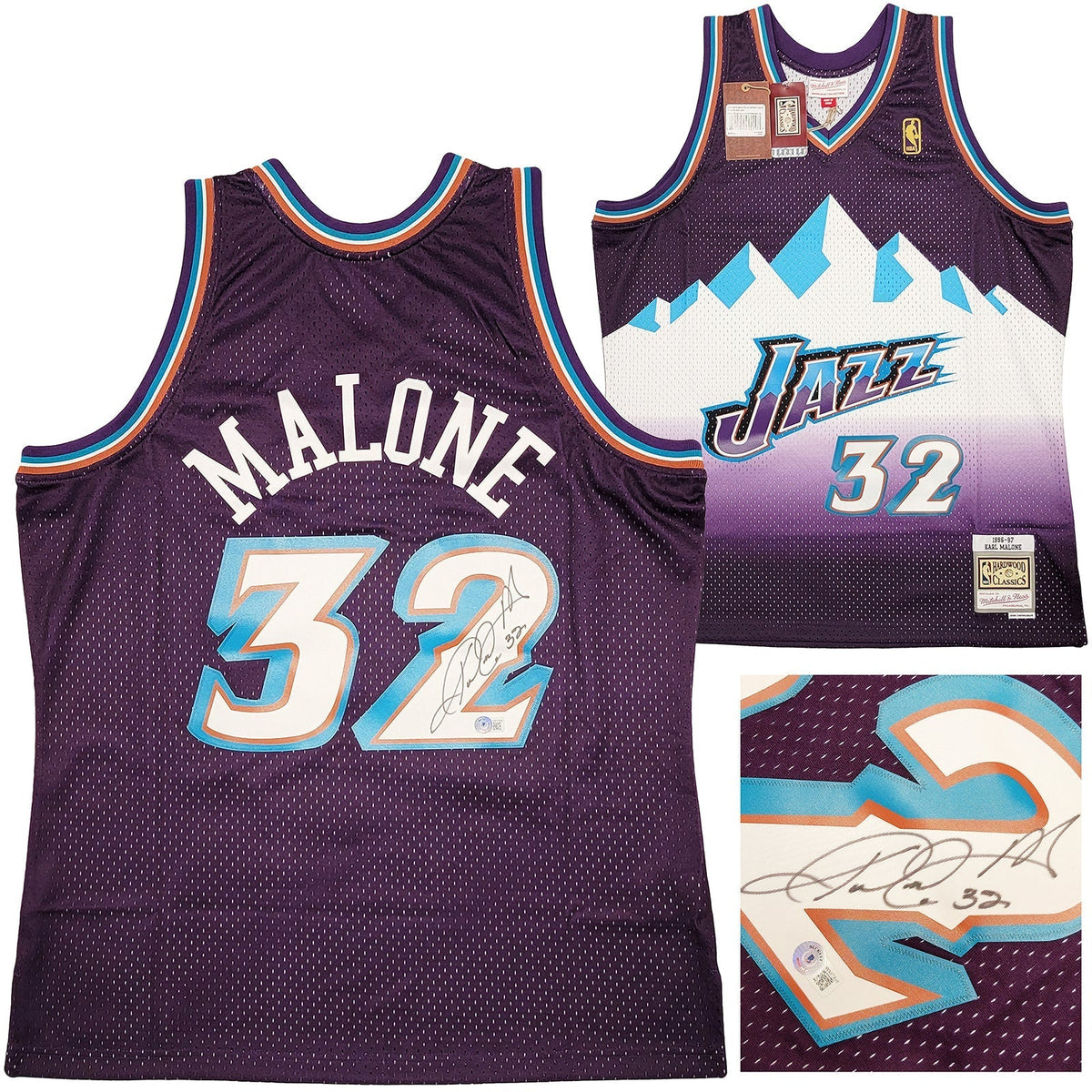 Utah Jazz Karl Malone Autographed Purple & Teal Authentic Mitchell & Ness Jersey Size Xl Beckett Bas Witness Stock #211883
