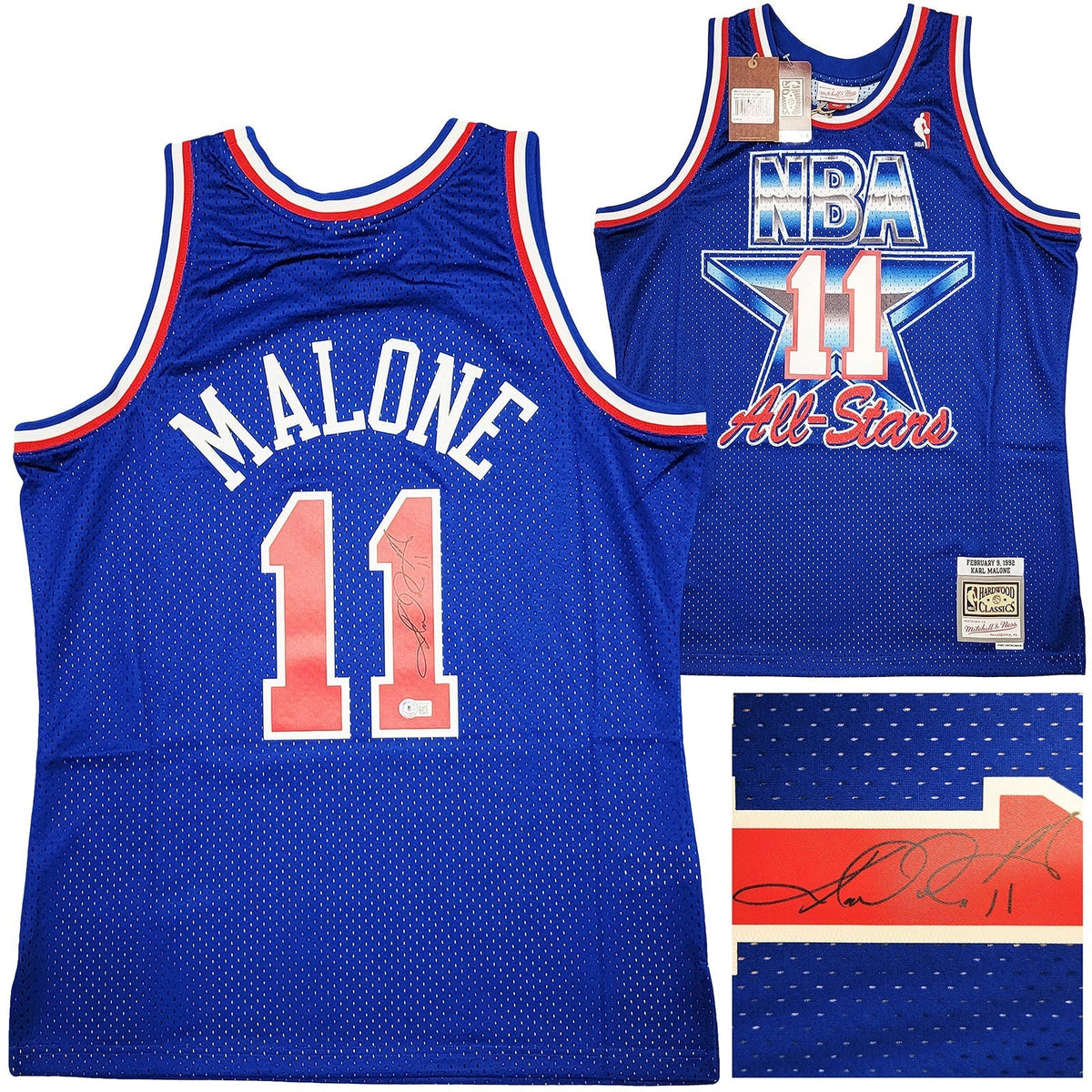 Utah Jazz Karl Malone Autographed Blue Authentic Mitchell & Ness 1992 All Star Game Jersey Size L Beckett Bas Witness Stock #211880