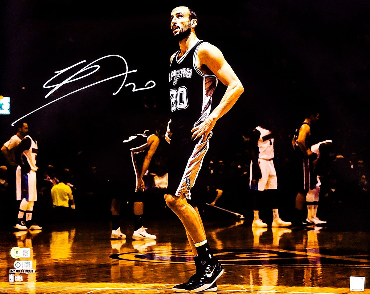 Manu Ginobili Autographed 16X20 Photo San Antonio Spurs Spotlight Signed In White Beckett Bas Witness Stock #211902