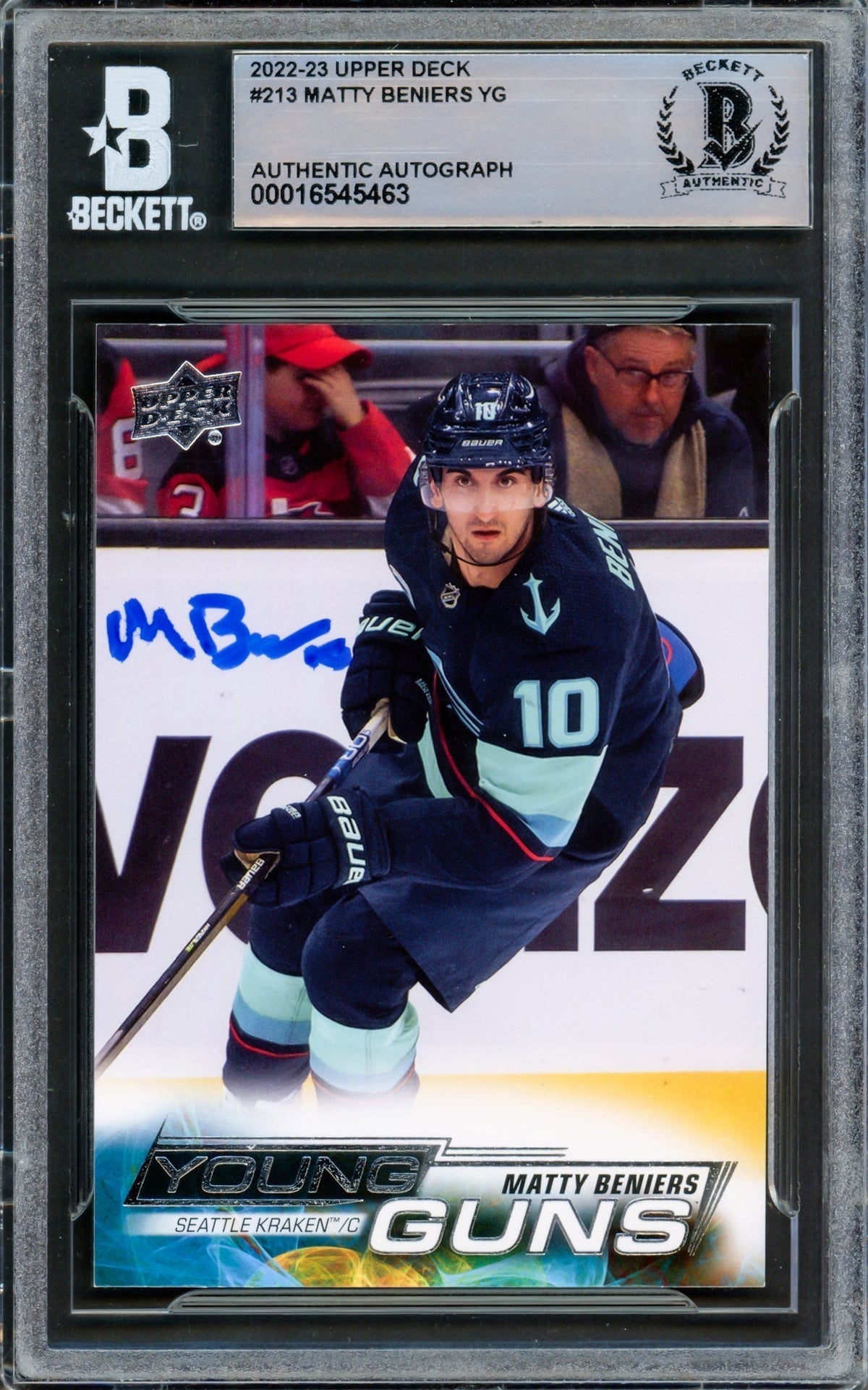 Matty Beniers Autographed 2022 Upper Deck Young Guns Rookie Card #213 Seattle Kraken Beckett Bas