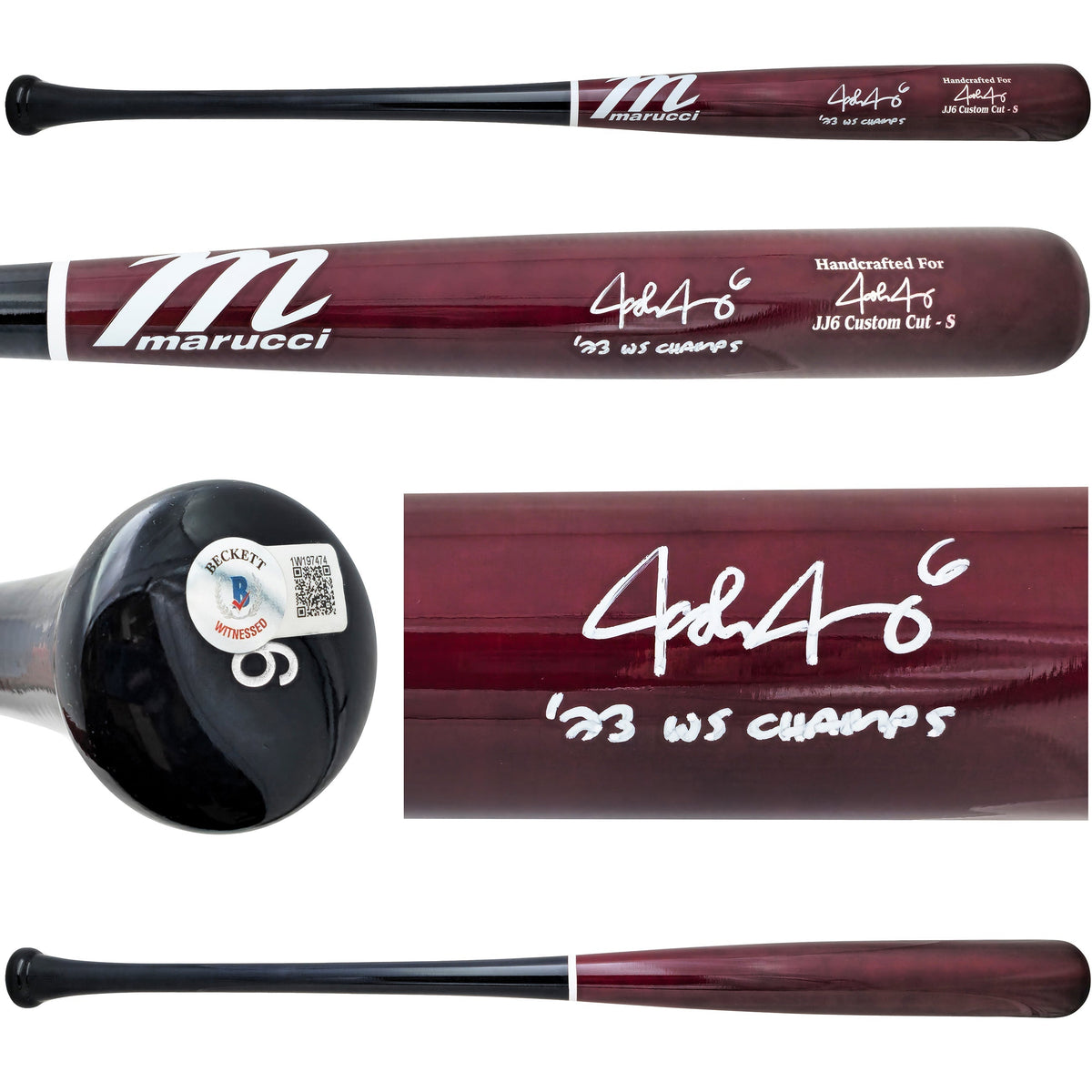 Josh Jung Autographed Maroon & Navy Marucci Player Model Baseball Bat Texas Rangers "23 Ws Champs" Beckett Bas Witness