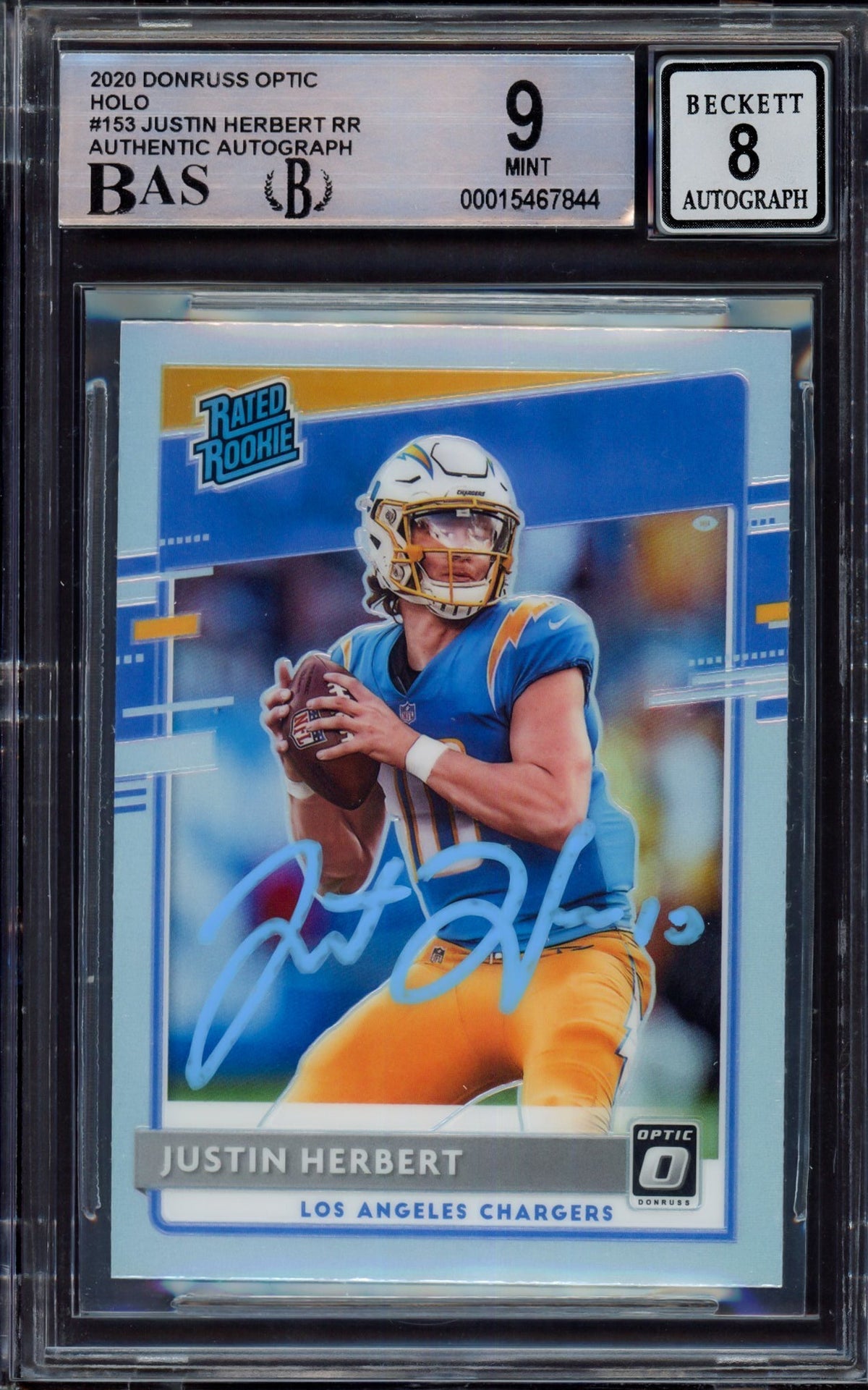Justin Herbert Autographed 2020 Donruss Optic Holo Rookie Card #153 Los Angeles Chargers BGS 9 Auto Grade Near Mint/Mint 8 Beckett Bas #15467844