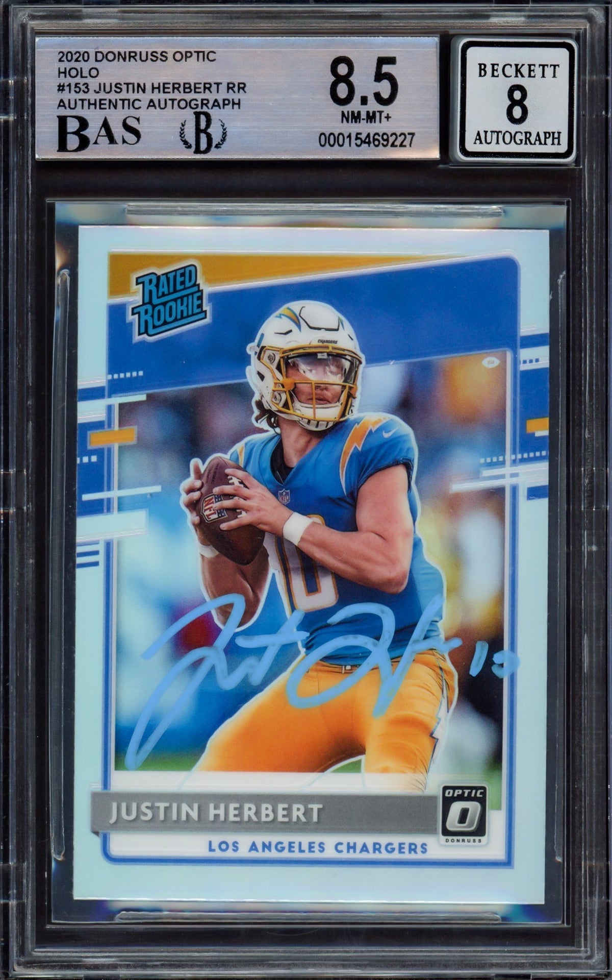 Justin Herbert Autographed 2020 Donruss Optic Holo Rookie Card #153 Los Angeles Chargers BGS 8.5 Auto Grade Near Mint/Mint 8 Beckett Bas #15469227