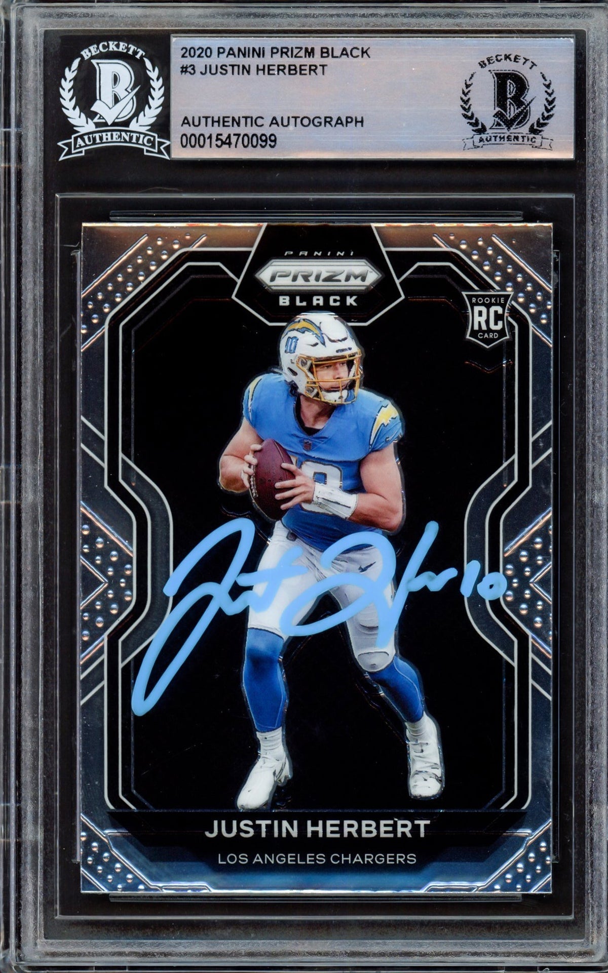 Justin Herbert Autographed 2020 Panini Prizm Black Rookie Card #3 Los Angeles Chargers Beckett Bas #15470099