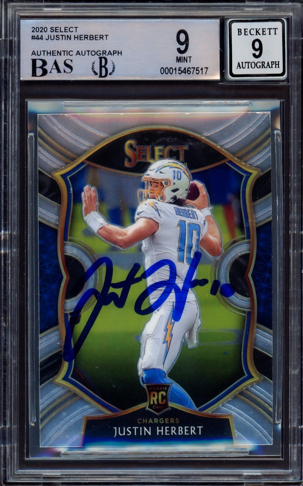 Justin Herbert Autographed 2020 Select Rookie Card #44 Los Angeles Chargers BGS 9 Auto Grade Mint 9 Beckett Bas #15467517