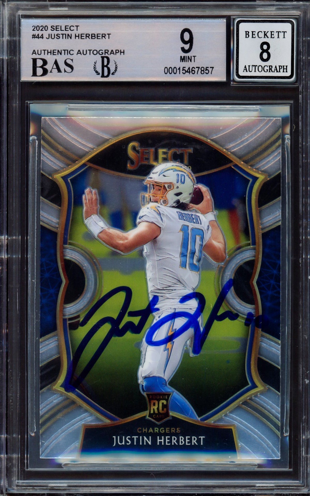 Justin Herbert Autographed 2020 Select Rookie Card #44 Los Angeles Chargers BGS 9 Auto Grade Near Mint/Mint 8 Beckett Bas #15467857