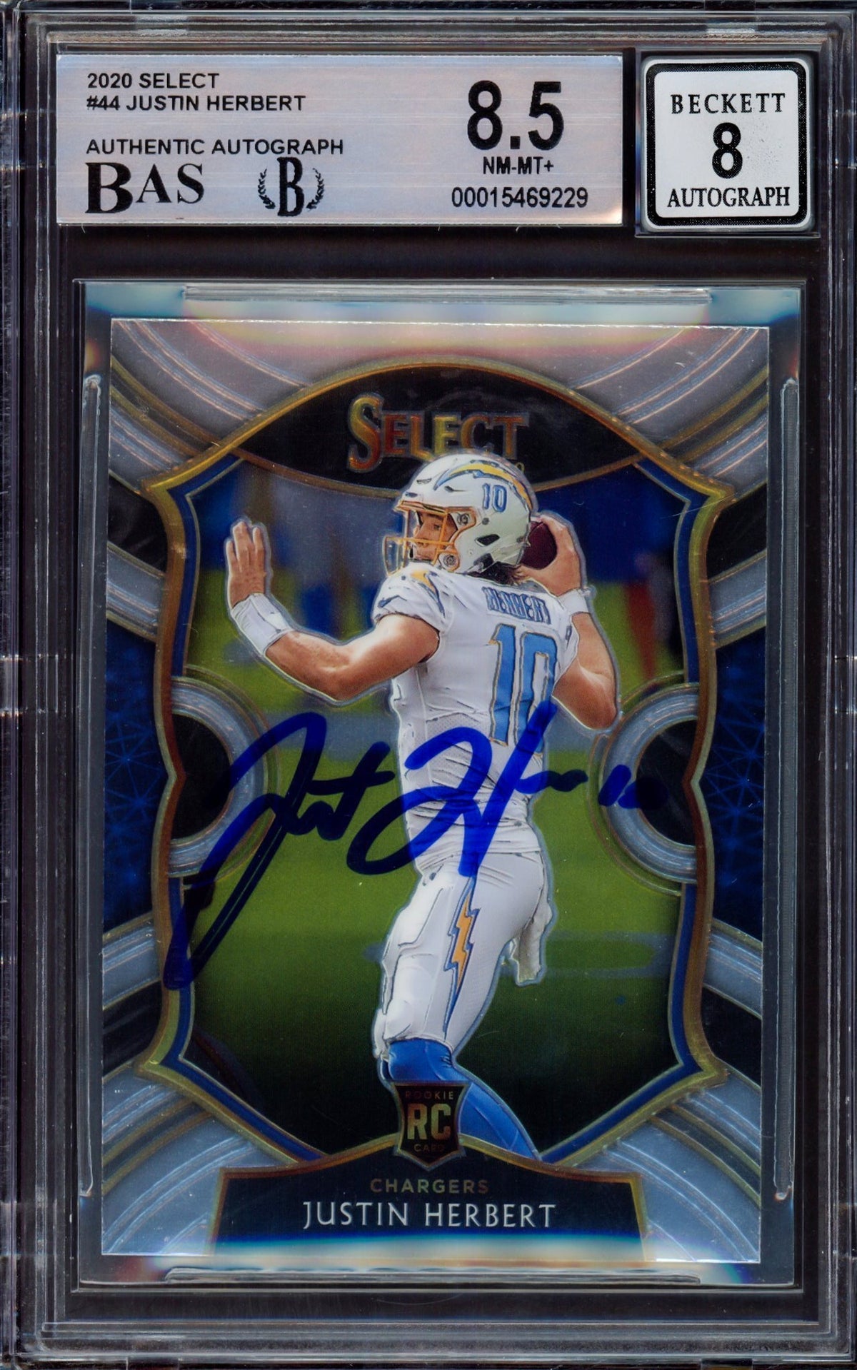 Justin Herbert Autographed 2020 Select Rookie Card #44 Los Angeles Chargers BGS 8.5 Auto Grade Near Mint/Mint 8 Beckett Bas #15469229