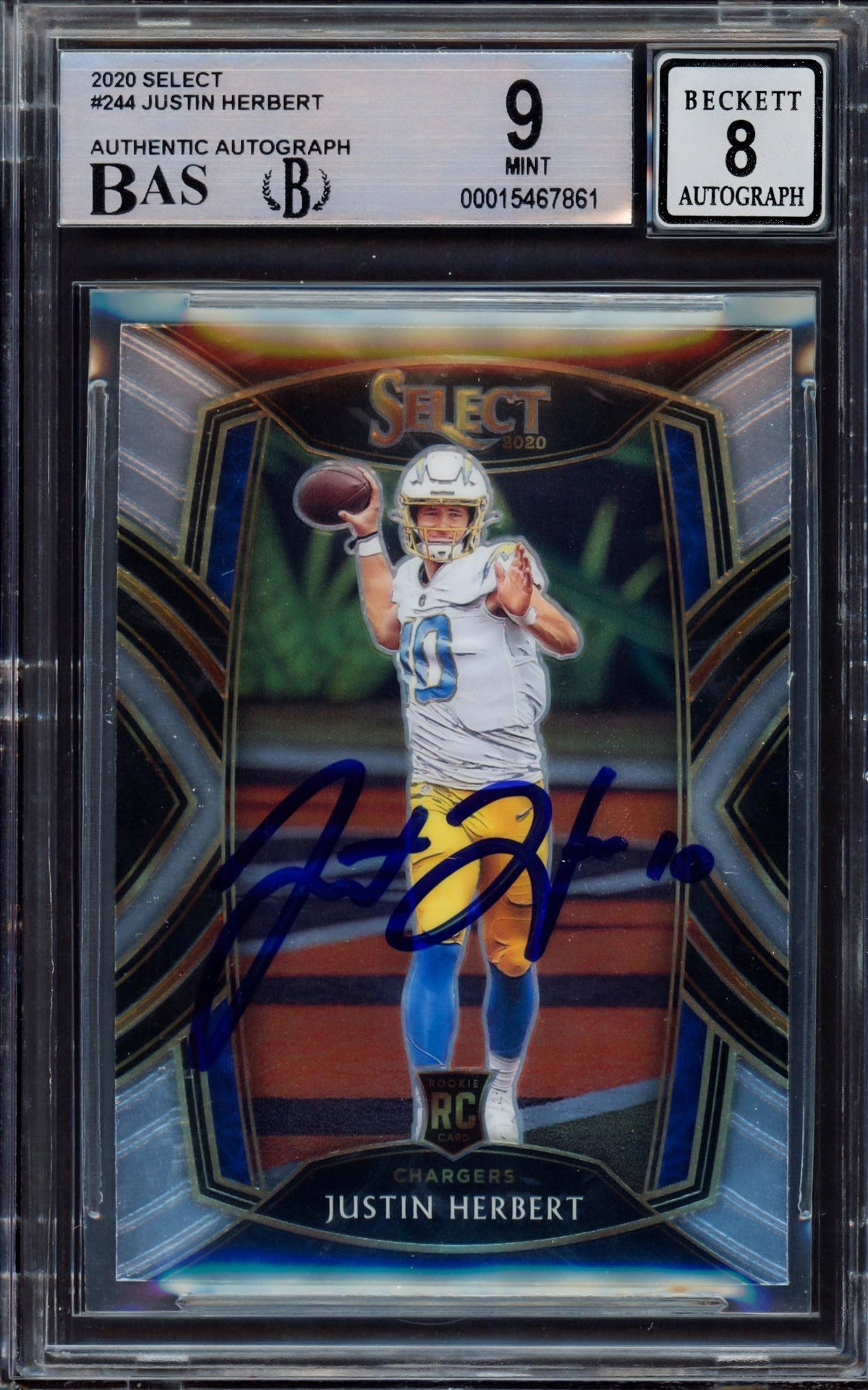 Justin Herbert Autographed 2020 Select Rookie Card #244 Los Angeles Chargers BGS 9 Auto Grade Near Mint/Mint 8 Beckett Bas #15467861