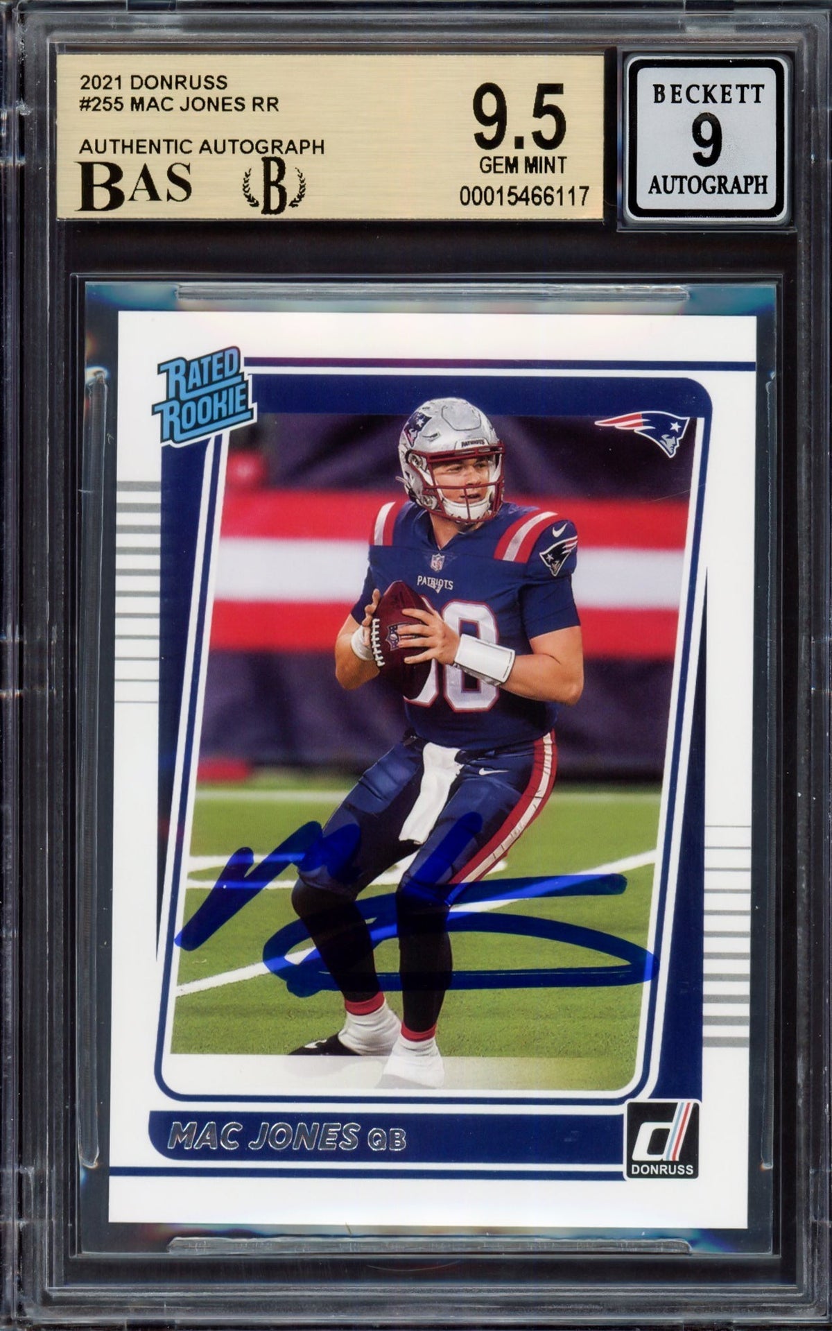 Mac Jones Autographed 2021 Donruss Rated Rookie Card #255 New England Patriots BGS 9.5 Auto Grade Mint 9 Beckett Bas #15466117