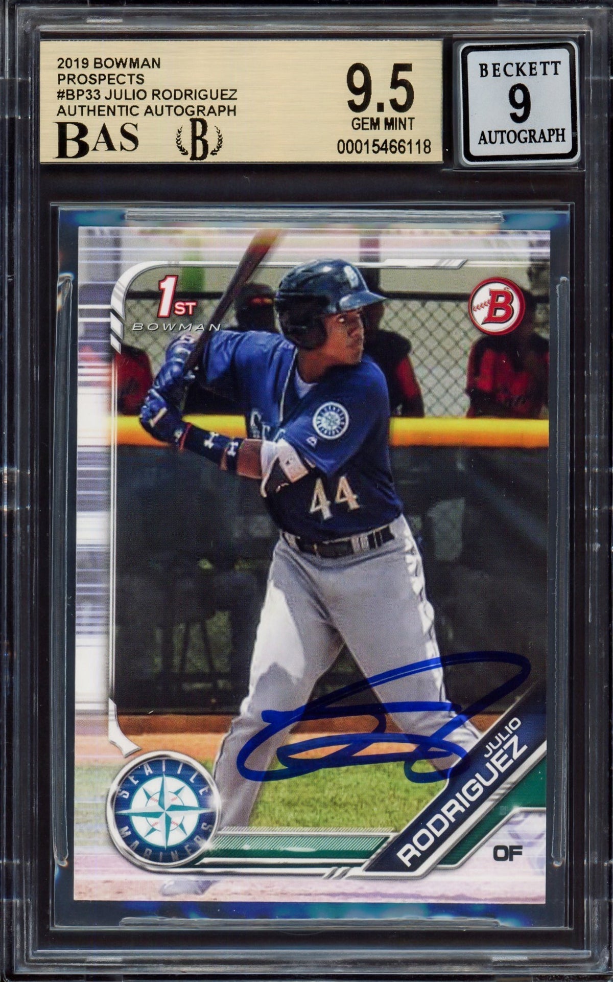 Julio Rodriguez Autographed 2019 Bowman Prospects Rookie Card #Bp33 Seattle Mariners BGS 9.5 Auto Grade Mint 9 Beckett Bas #15466118