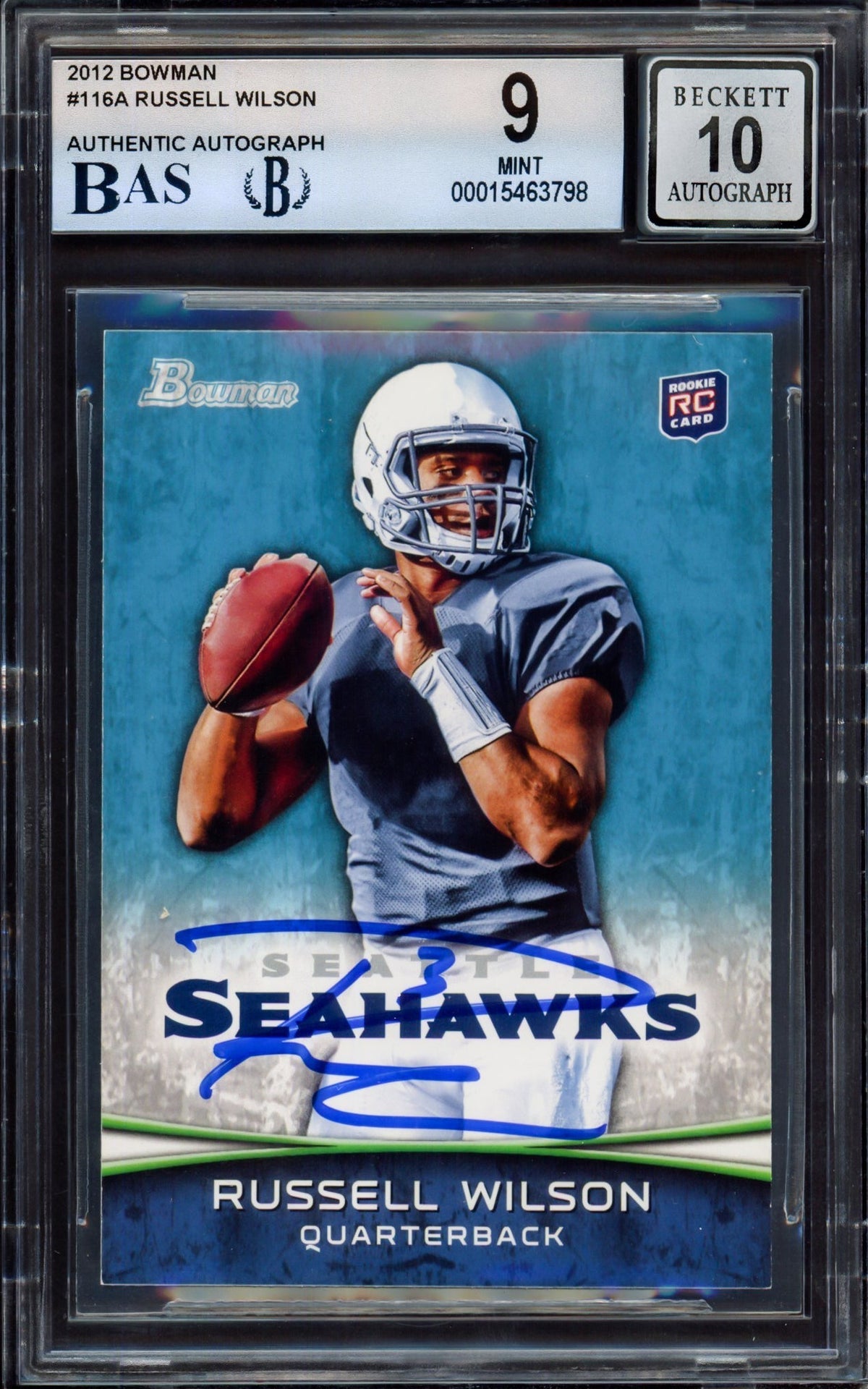 Russell Wilson Autographed 2012 Bowman Rookie Card #116A Seattle Seahawks BGS 9 Auto Grade Gem Mint 10 Beckett Bas #15463798