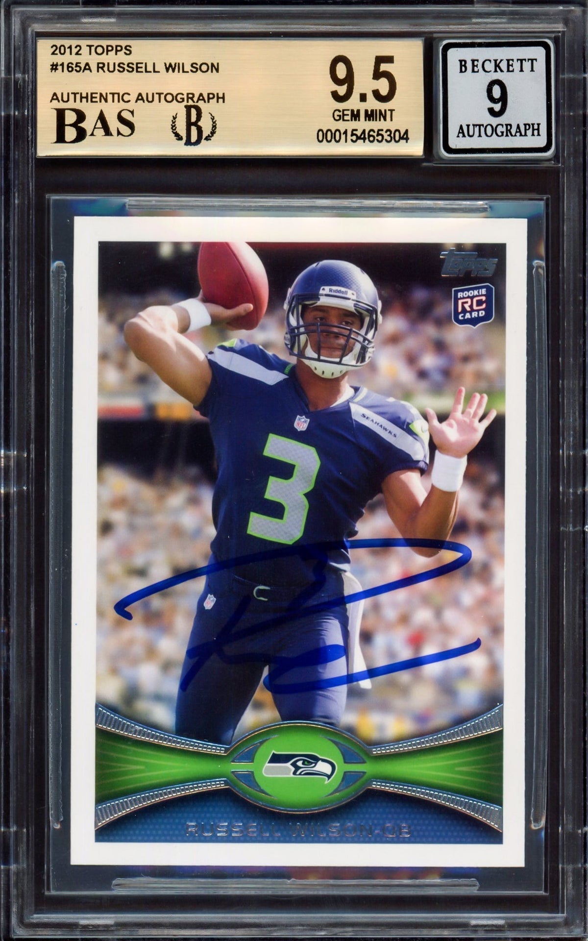 Russell Wilson Autographed 2012 Topps Rookie Card #165 Seattle Seahawks BGS 9.5 Auto Grade Mint 9 Beckett Bas #15465304