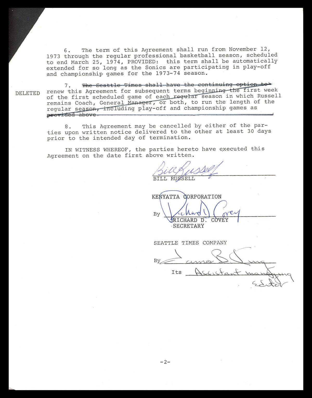 Bill Russell Autographed 1973-74 Newspaper Contract Boston Celtics Beckett Bas #Ac74545