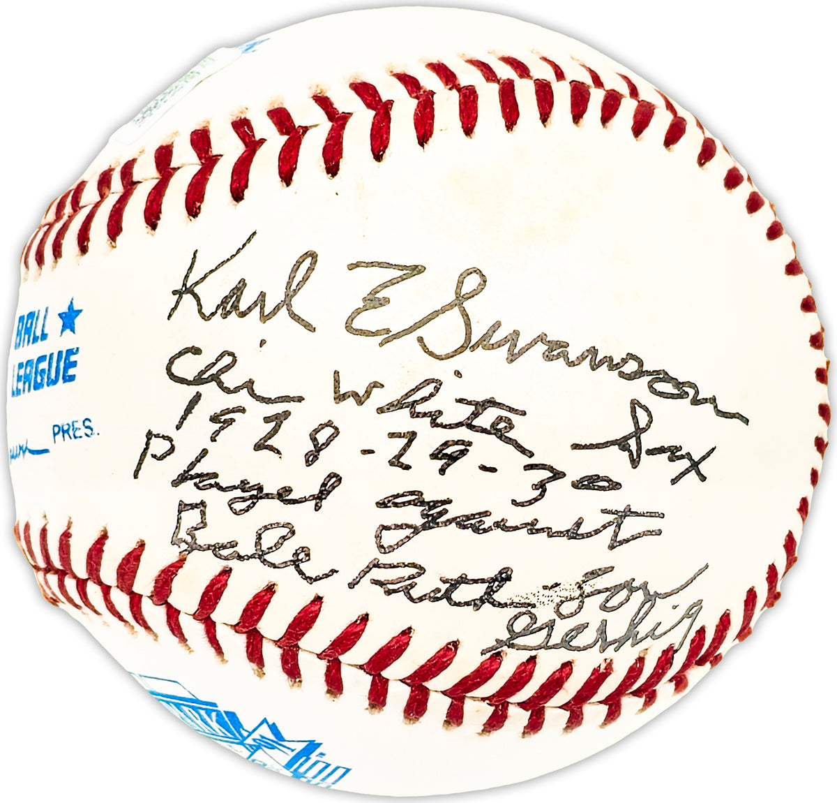 Karl Swanson Autographed Official Comiskey Park Al Baseball Chicago White Sox "1928-29-30 Played Against Babe Ruth & Lou Gehrig" Beckett Bas Qr #Bm25632