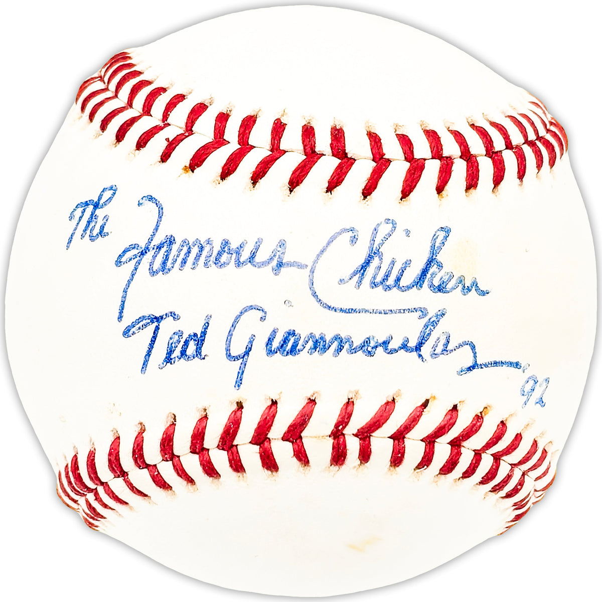 Ted Giannoulas Autographed Official Wilson Baseball The Famous Chicken "92" Beckett Bas Qr #Bm25370