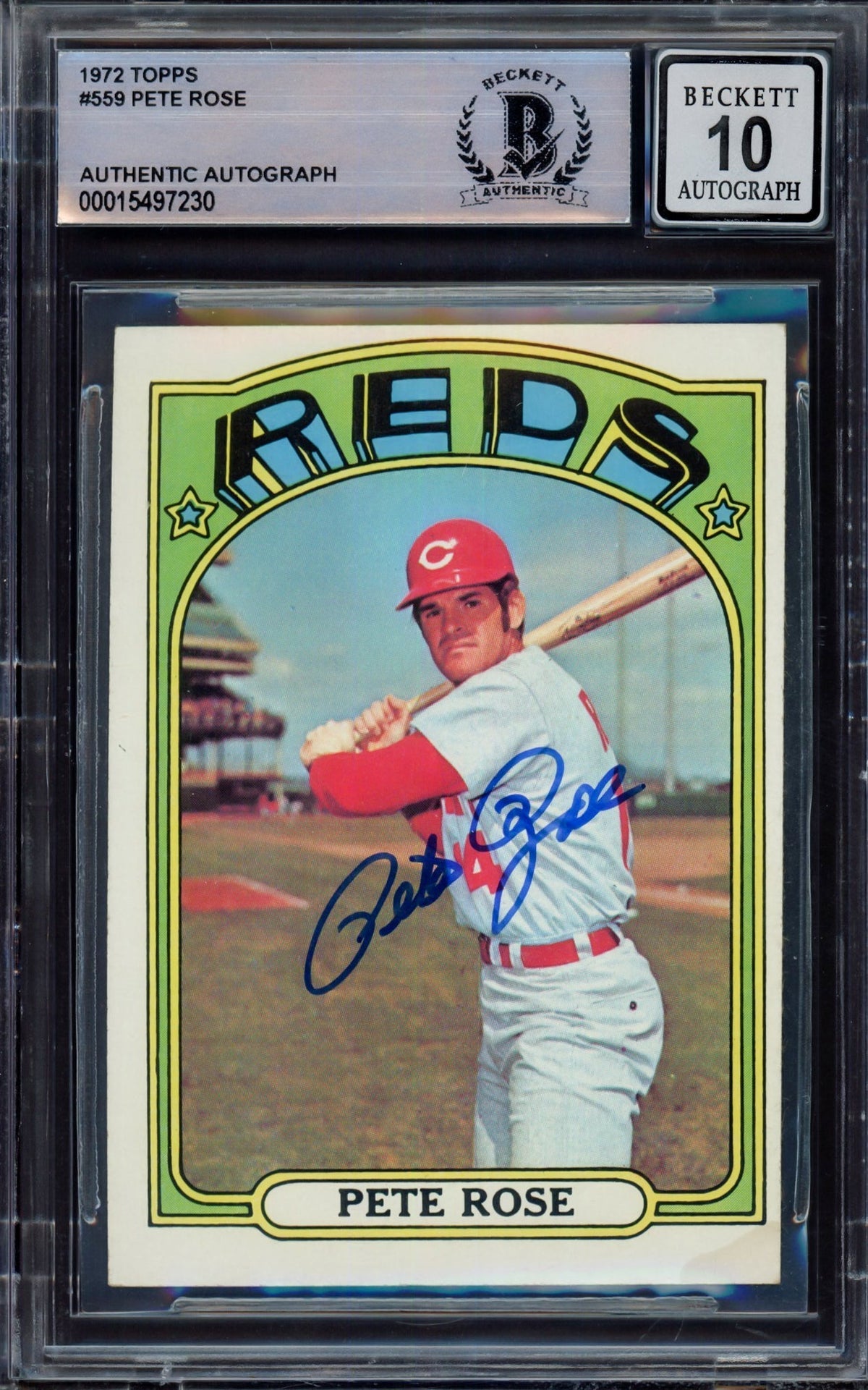 Pete Rose Autographed 1972 Topps Card #559 Cincinnati Reds Auto Grade Gem Mint 10 Beckett Bas #15497230
