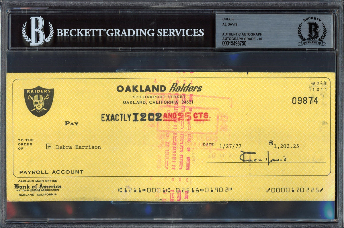 Al Davis Autographed Check Oakland Raiders Owner Auto Grade Gem Mint 10 Beckett Bas #15498750