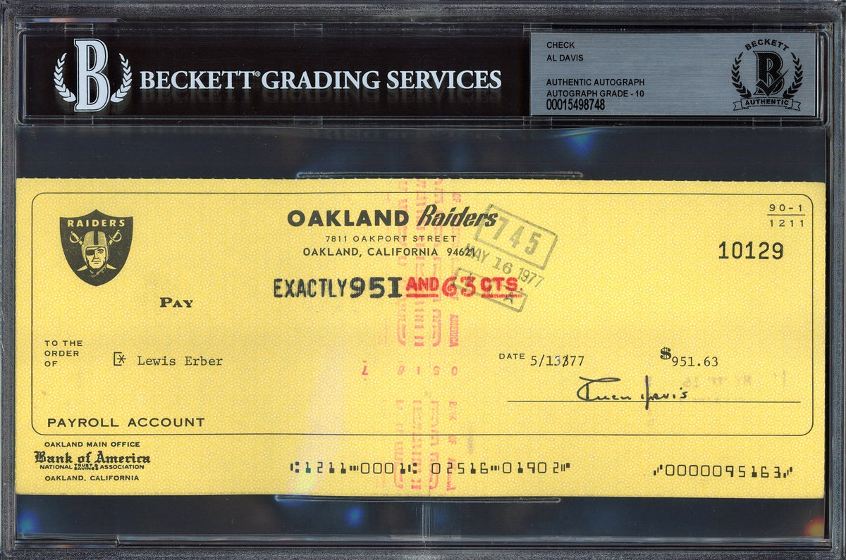 Al Davis Autographed Check Oakland Raiders Owner Auto Grade Gem Mint 10 Beckett Bas #15498748