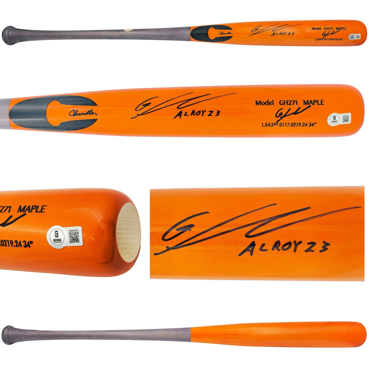 Gunnar Henderson Autographed Orange Chandler Player Model Baseball Bat Baltimore Orioles "Al Roy 23" Beckett Bas Witness