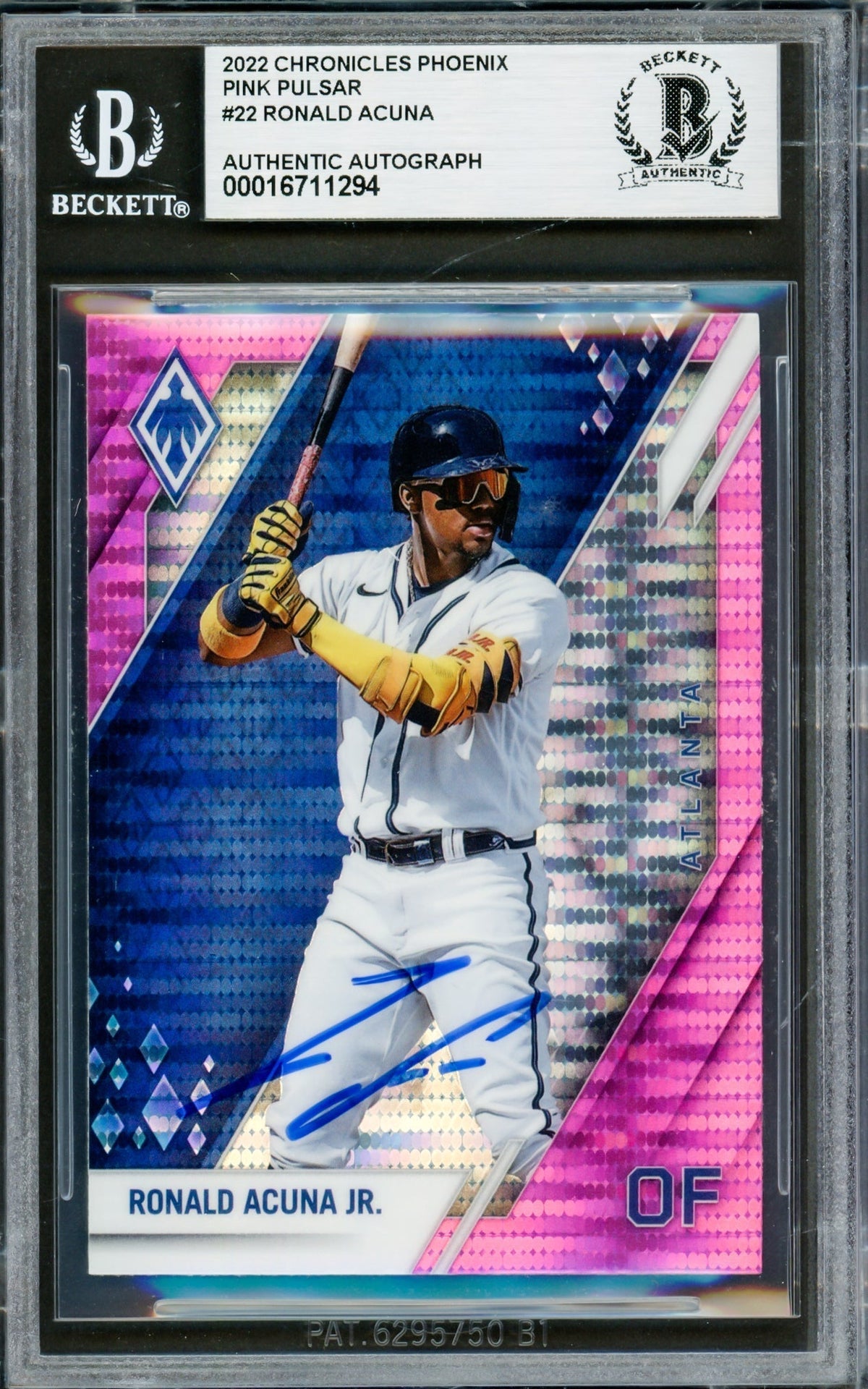 Ronald Acuna Jr. Autographed 2022 Panini Phoenix Pink Pulsar Card #22 Atlanta Braves Beckett Bas #16711294