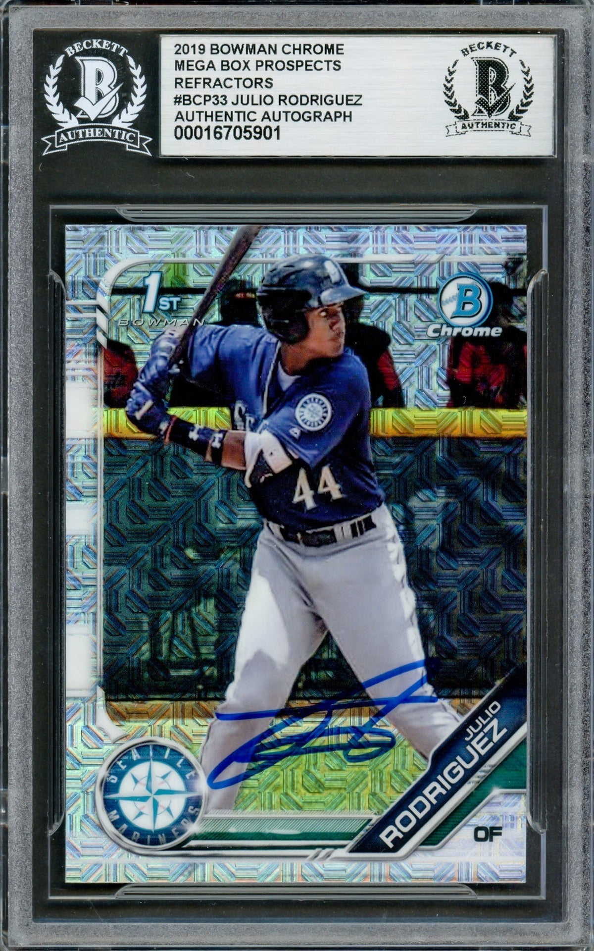 Julio Rodriguez Autographed 2019 1St Bowman Chrome Mega Refractor Rookie Card #Bcp33 Seattle Mariners Beckett Bas #16705901