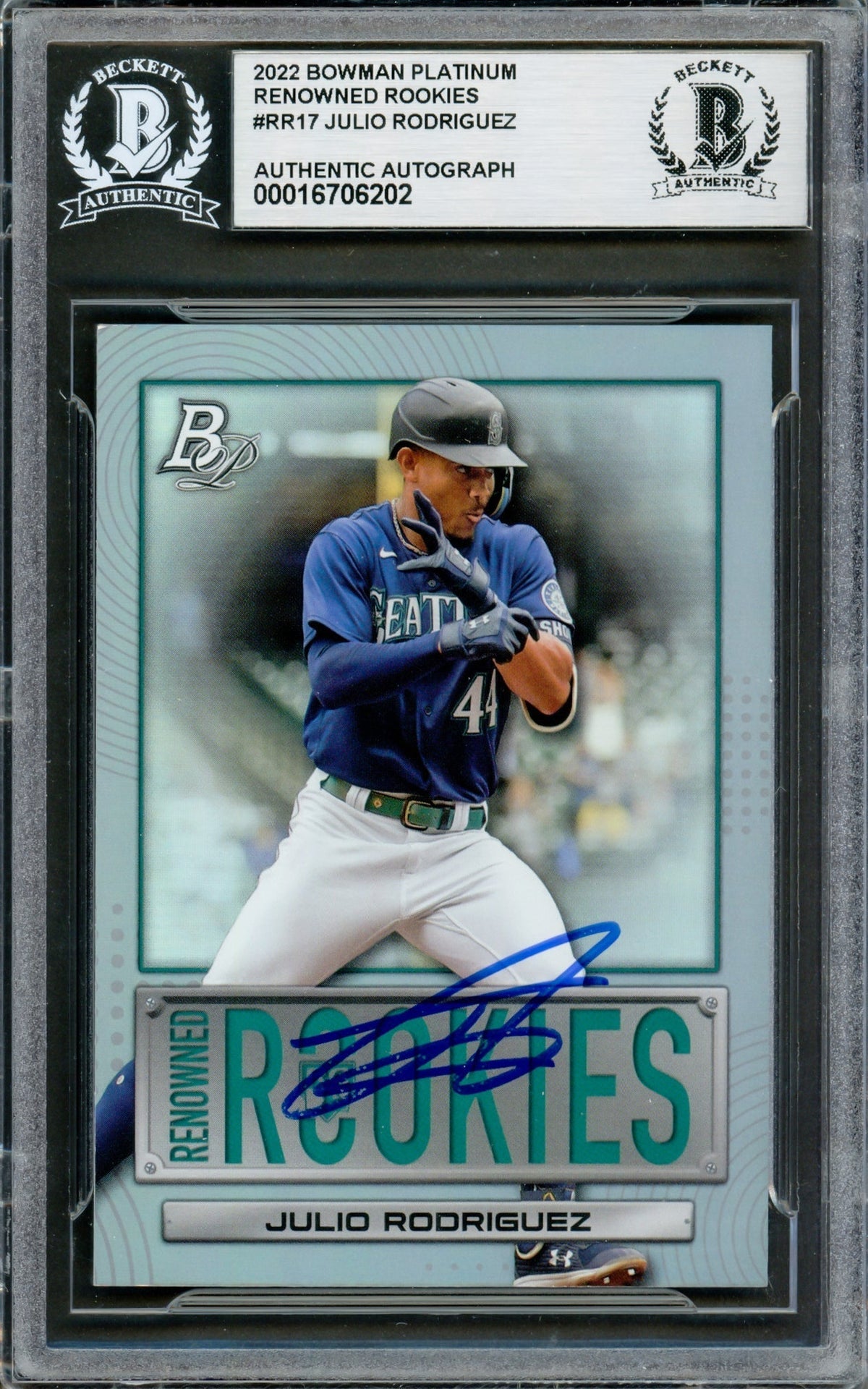 Julio Rodriguez Autographed 2022 Bowman Platinum Renowned Rookies Rookie Card #Rr17 Seattle Mariners Beckett Bas #16706202