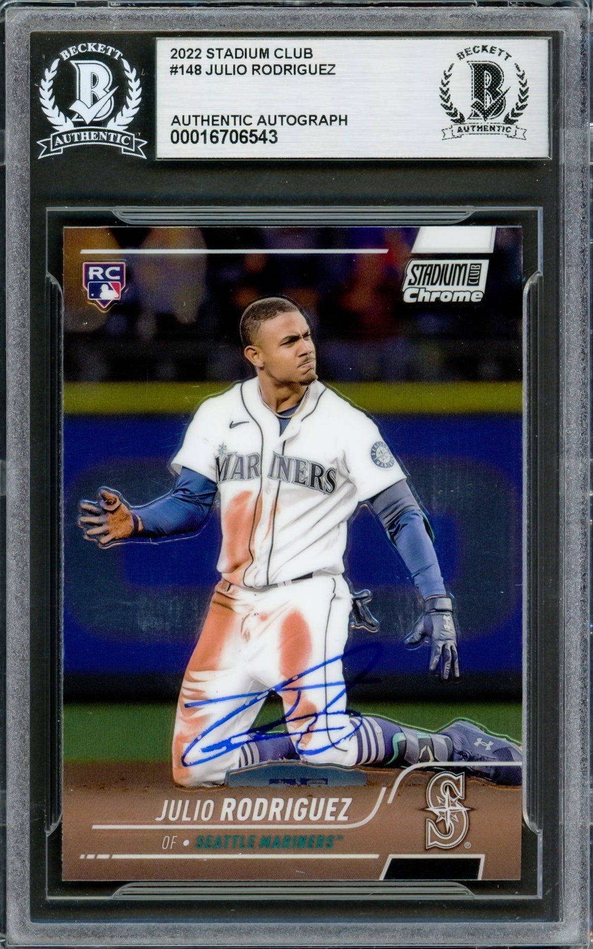 Julio Rodriguez Autographed 2022 Stadium Club Chrome Rookie Card #148 Seattle Mariners Beckett Bas #16706543