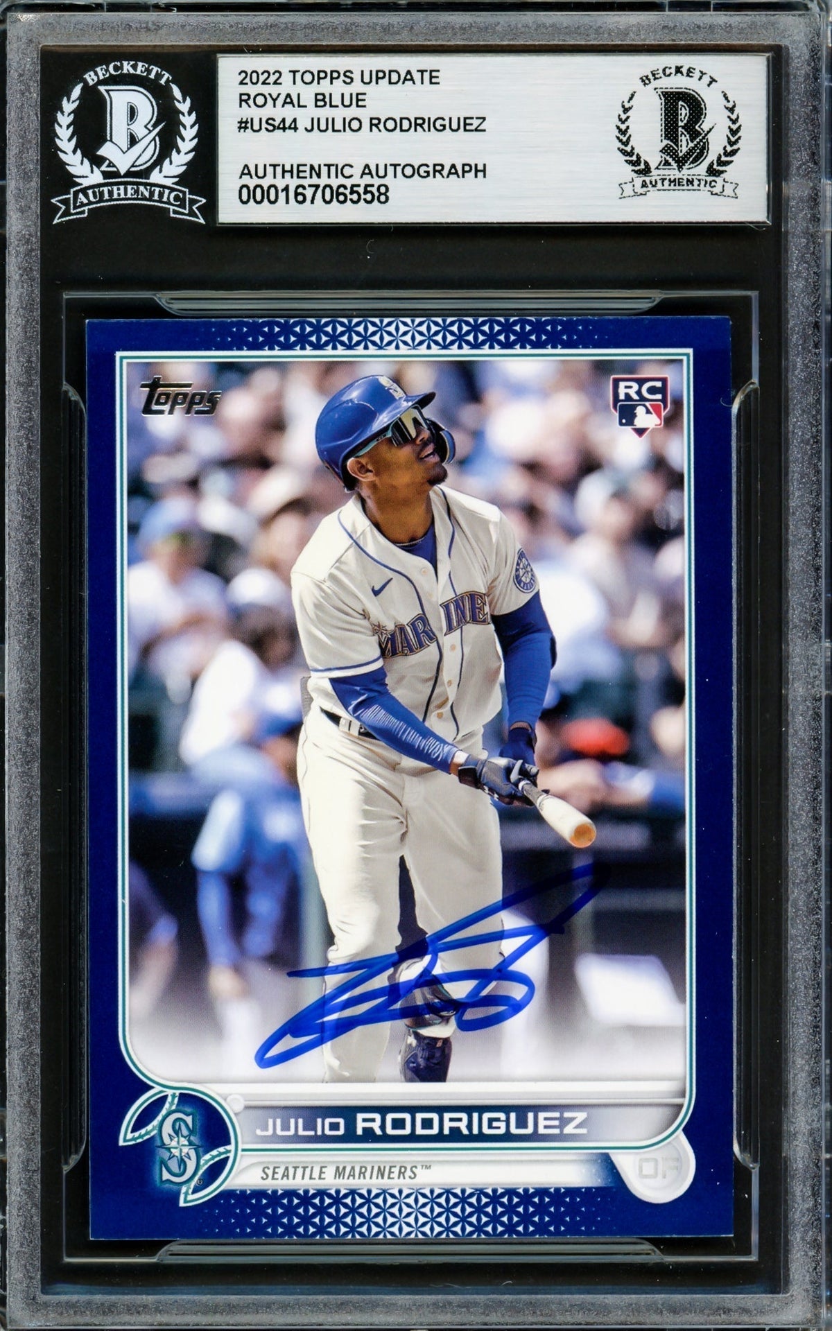 Julio Rodriguez Autographed 2022 Topps Update Blue Rookie Card #Us44 Seattle Mariners Beckett Bas #16706558