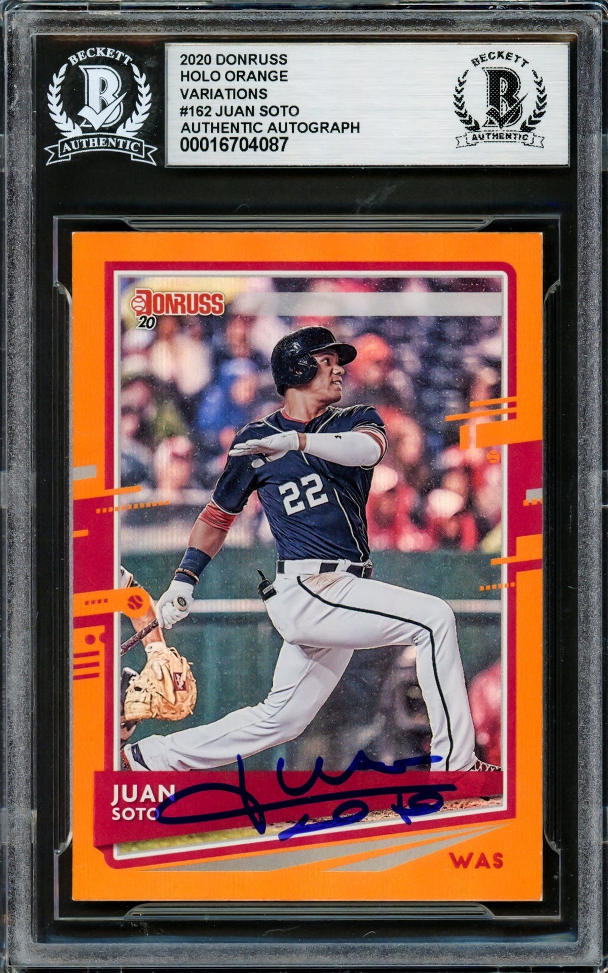 Juan Soto Autographed 2020 Donruss Holo Orange Card #162 New York Yankees Beckett Bas #16704087