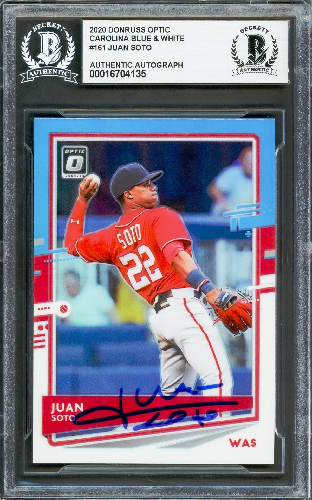 Juan Soto Autographed 2020 Donruss Optic Blue & White Prizm Card #161 New York Yankees Beckett Bas #16704135