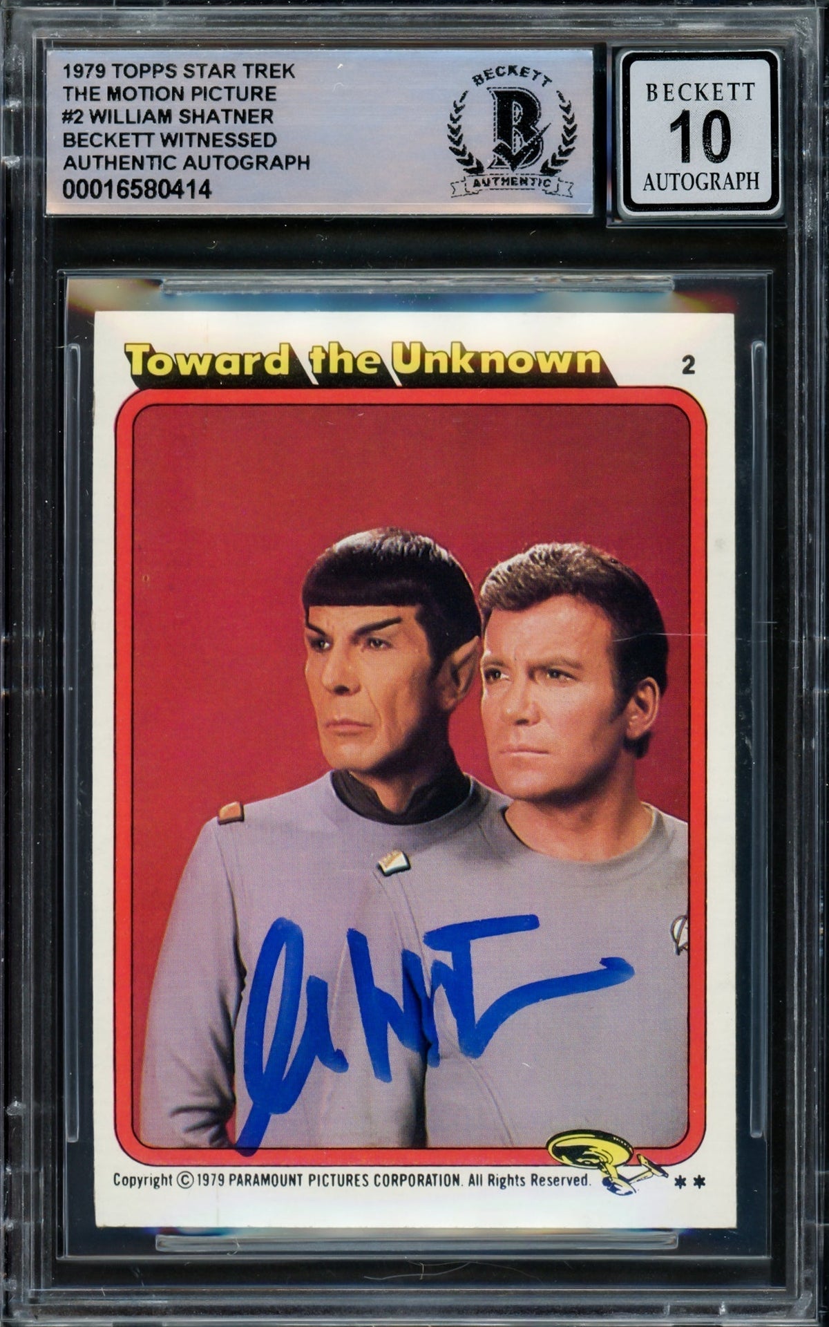 William Shatner Autographed 1979 Topps The Motion Picture Card #2 Star Trek Captain Kirk Auto Grade Gem Mint 10 Beckett Bas #16580414