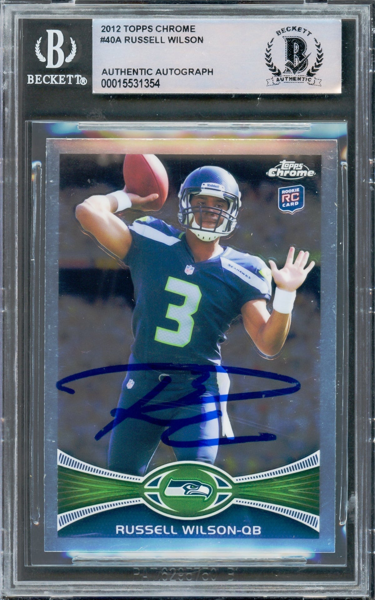 Russell Wilson Autographed 2012 Topps Chrome Rookie Card #40A Seattle Seahawks Beckett Bas #15531354
