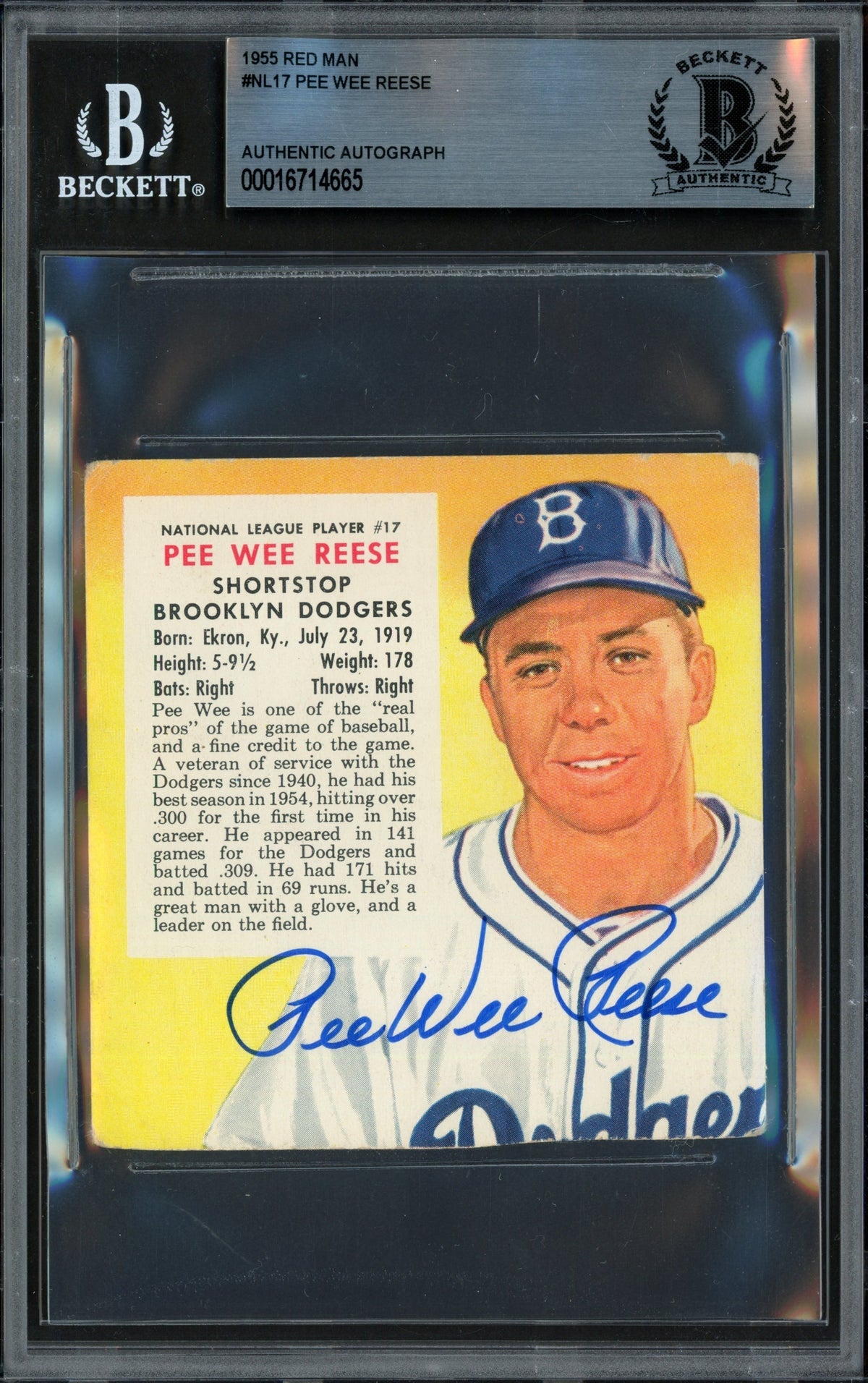 Pee Wee Reese Autographed 1953 Red Man Card #Nl17 Brooklyn Dodgers Beckett Bas #16714665