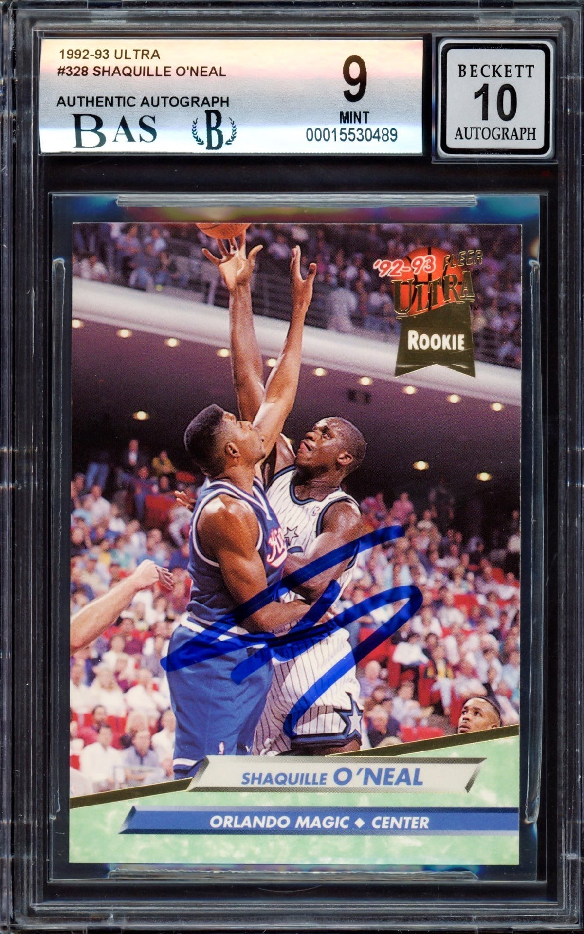 Shaquille "Shaq" O'neal Autographed 1992-93 Fleer Ultra Rookie Card #328 Orlando Magic BGS 9 Auto Grade Gem Mint 10 Beckett Bas Stock #214854