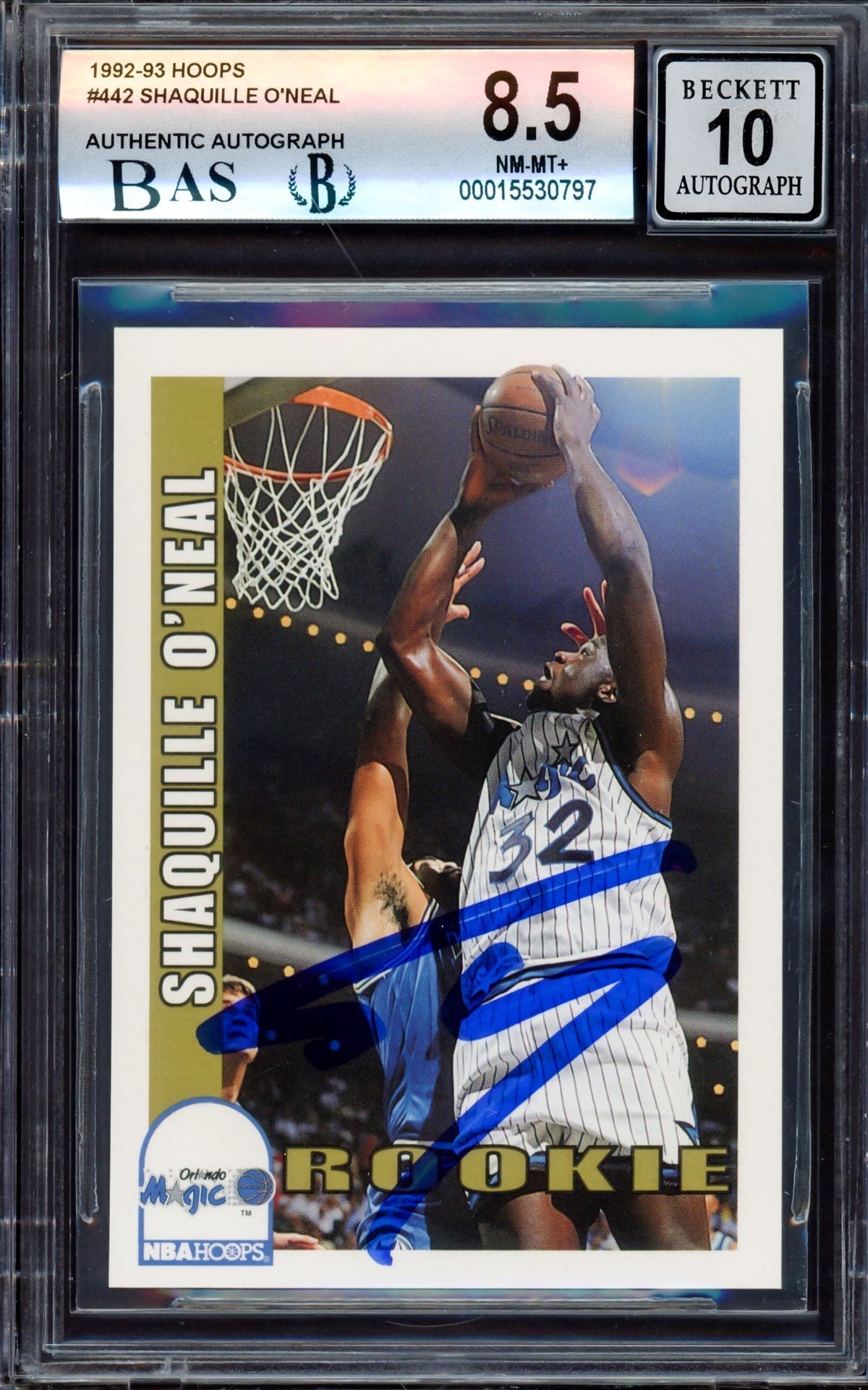 Shaquille "Shaq" O'neal Autographed 1992-93 Hoops Rookie Card #442 Orlando Magic BGS 8.5 Auto Grade Gem Mint 10 Beckett Bas Stock #214856
