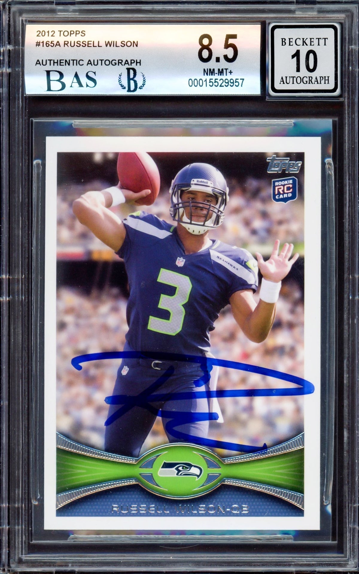 Russell Wilson Autographed 2012 Topps Rookie Card #165A Seattle Seahawks BGS 8.5 Auto Grade Gem Mint 10 Beckett Bas Stock #214870