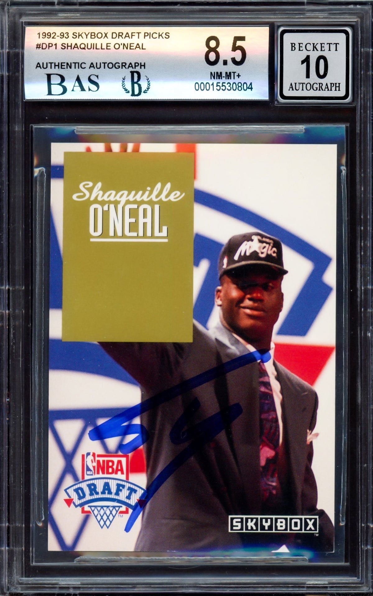 Shaquille "Shaq" O'neal Autographed 1992-93 Skybox Draft Pick Rookie Card #Dp1 Orlando Magic BGS 8.5 Auto Grade Gem Mint 10 Beckett Bas #15530804