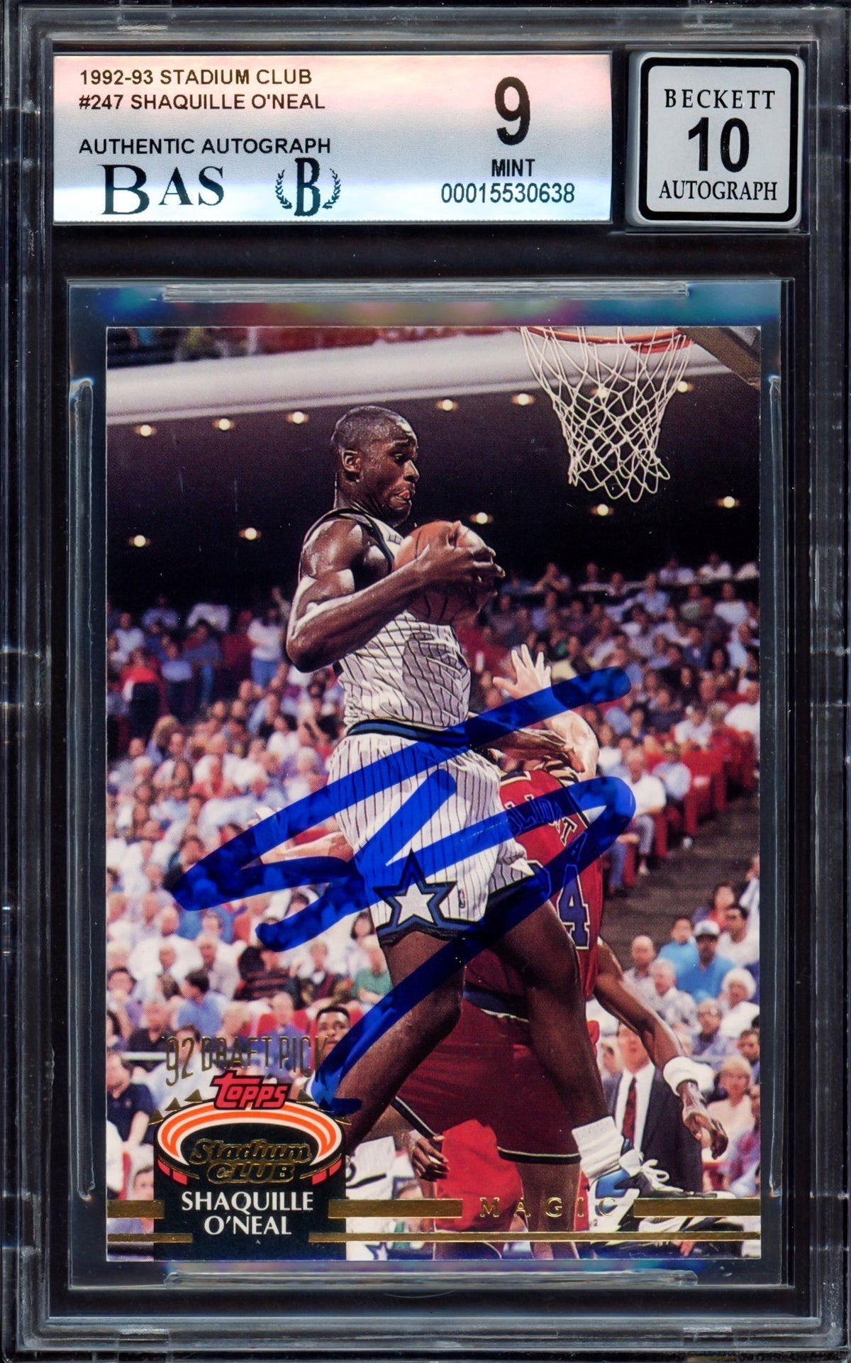 Shaquille "Shaq" O'neal Autographed 1992-93 Stadium Club Rookie Card #247 Orlando Magic BGS 9 Auto Grade Gem Mint 10 Beckett Bas #15530638