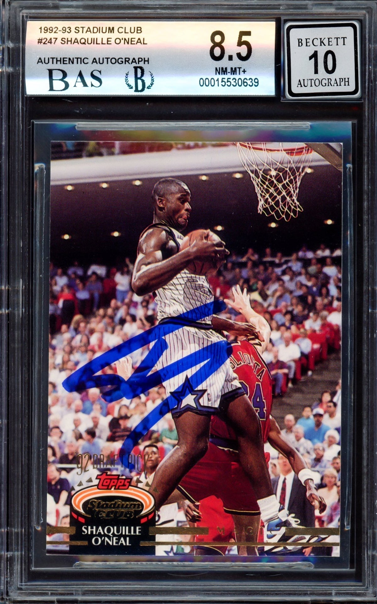 Shaquille "Shaq" O'neal Autographed 1992-93 Stadium Club Rookie Card #247 Orlando Magic BGS 8.5 Auto Grade Gem Mint 10 Beckett Bas #15530639