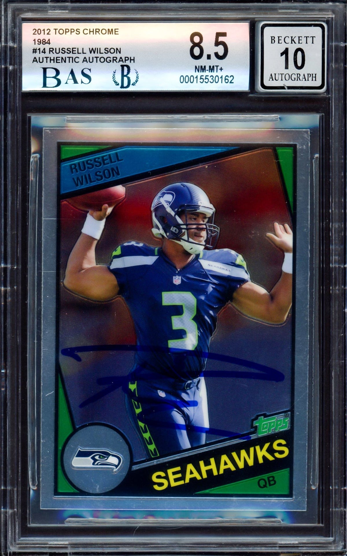 Russell Wilson Autographed 2012 Topps Chrome 1984 Rookie Card #14 Seattle Seahawks BGS 8.5 Auto Grade Gem Mint 10 Beckett Bas #15530162