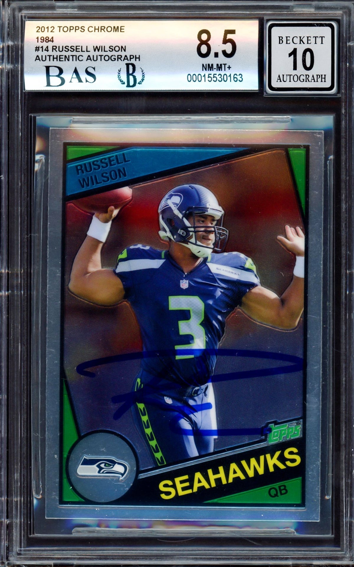 Russell Wilson Autographed 2012 Topps Chrome 1984 Rookie Card #14 Seattle Seahawks BGS 8.5 Auto Grade Gem Mint 10 Beckett Bas #15530163
