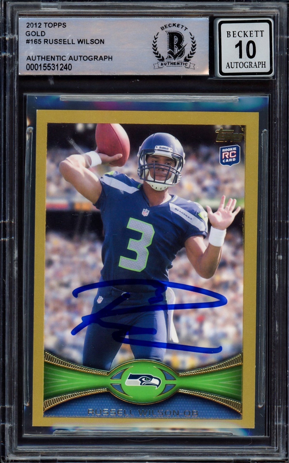 Russell Wilson Autographed 2012 Topps Gold Rookie Card #165 Seattle Seahawks Auto Grade Gem Mint 10 Beckett Bas #15531240