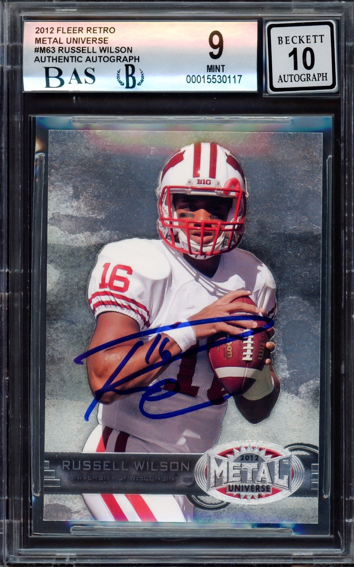 Russell Wilson Autographed 2012 Fleer Metal Universe Rookie Card #M-63 Wisconsin Badgers BGS 9 Auto Grade Gem Mint 10 Beckett Bas #15530117