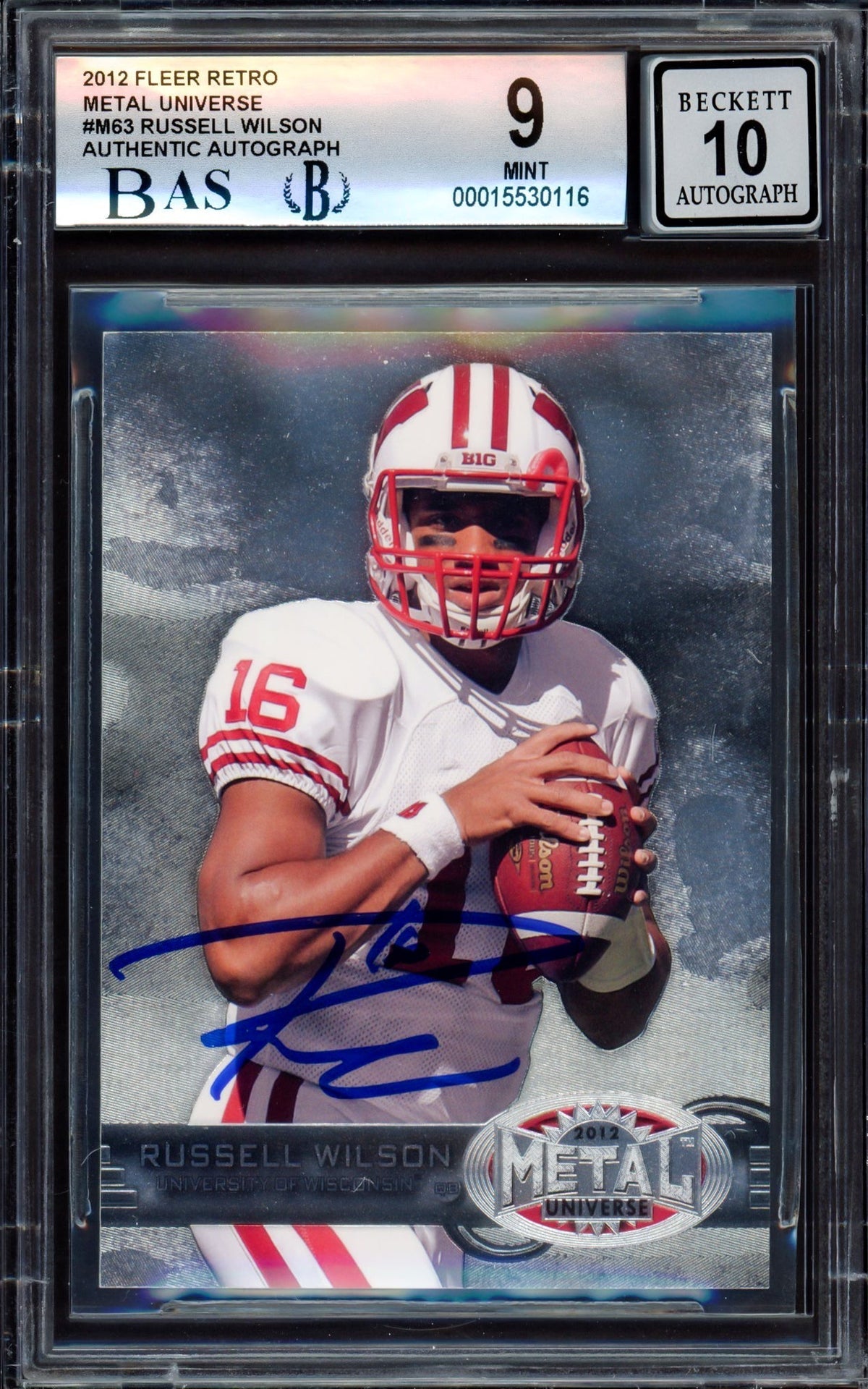 Russell Wilson Autographed 2012 Fleer Metal Universe Rookie Card #M-63 Wisconsin Badgers BGS 9 Auto Grade Gem Mint 10 Beckett Bas #15530116