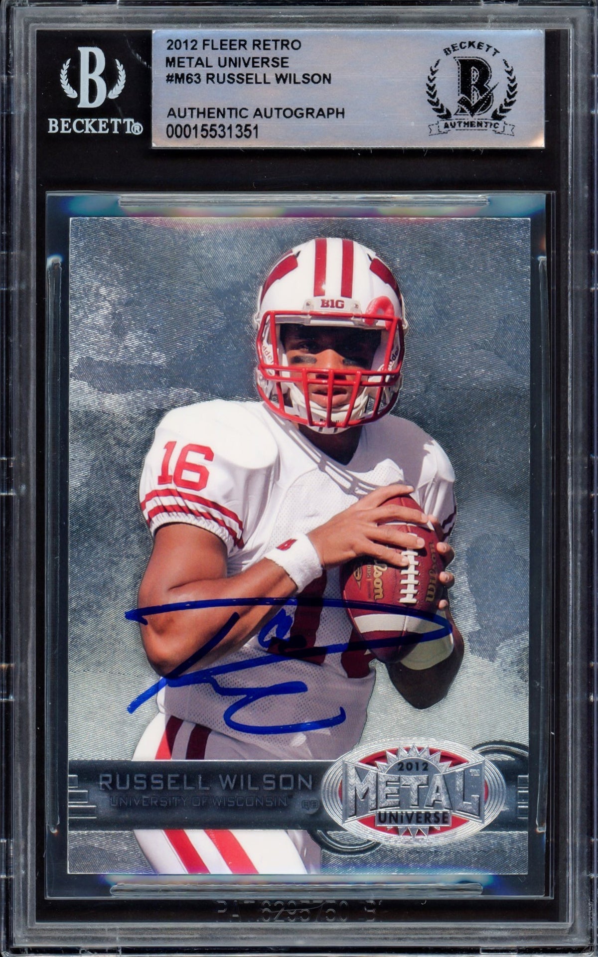 Russell Wilson Autographed 2012 Fleer Metal Universe Rookie Card #M-63 Wisconsin Badgers Beckett Bas #15531351