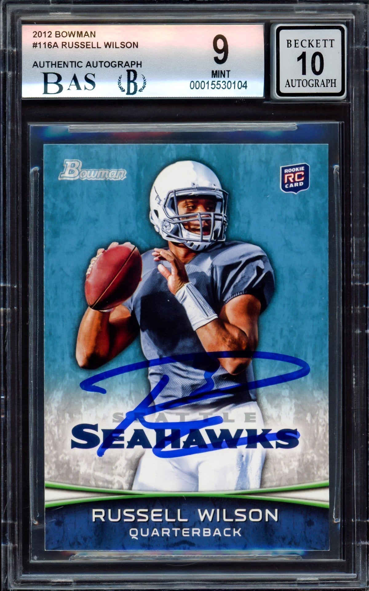 Russell Wilson Autographed 2012 Bowman Rookie Card #116A Seattle Seahawks BGS 9 Auto Grade Gem Mint 10 Beckett Bas #15530104