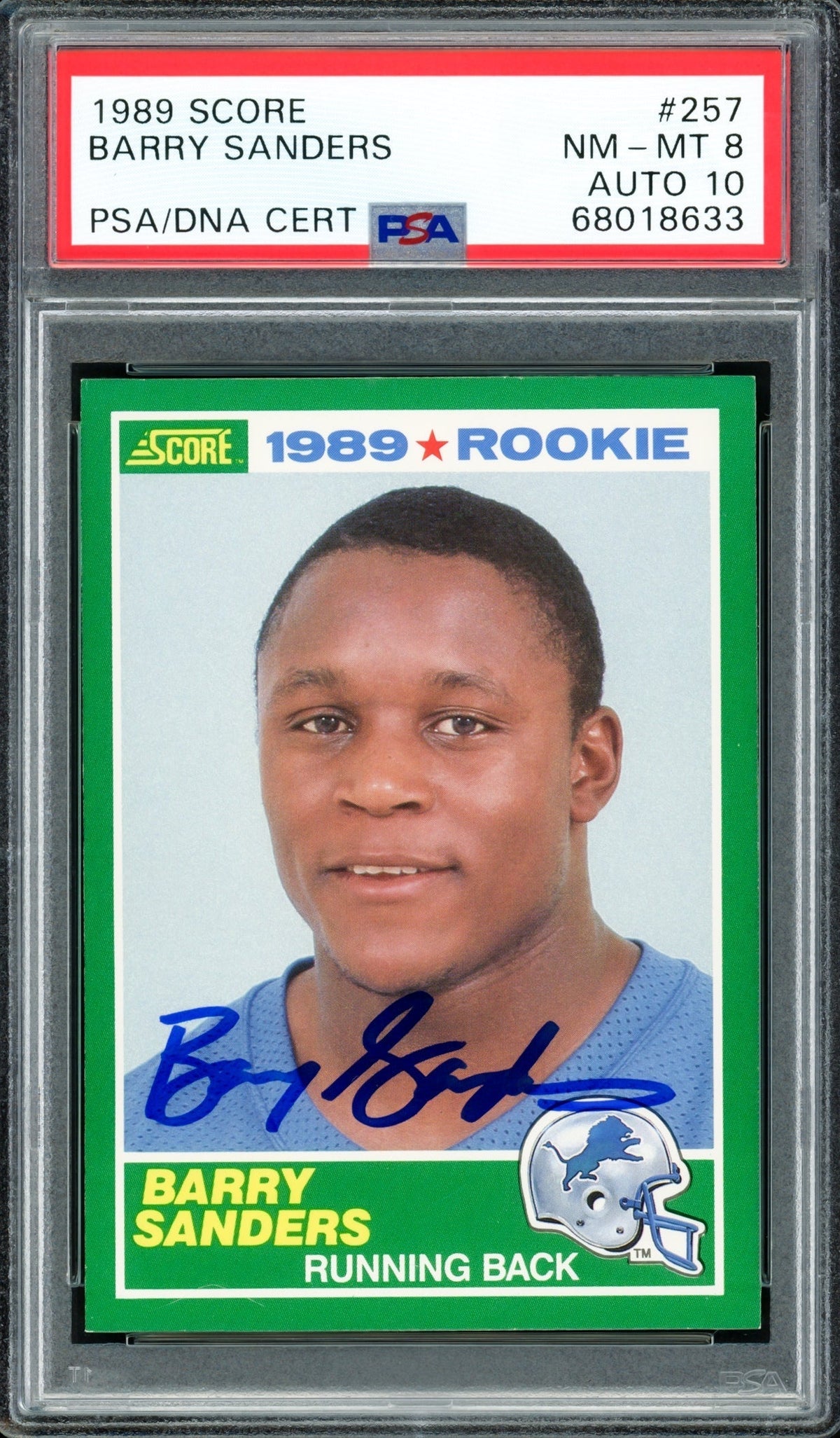 Barry Sanders Autographed 1989 Score Rookie Card #257 Detroit Lions PSA 8 Auto Grade Gem Mint 10 PSA/Dna Stock #215286