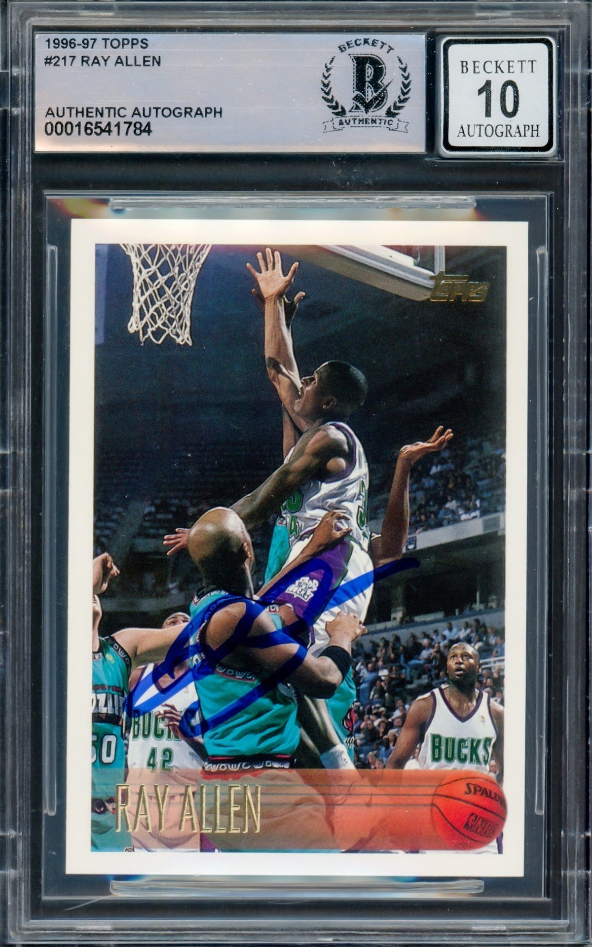 Ray Allen Autographed 1996 Topps Rookie Card #217 Milwaukee Bucks Auto Grade Gem Mint 10 Beckett Bas
