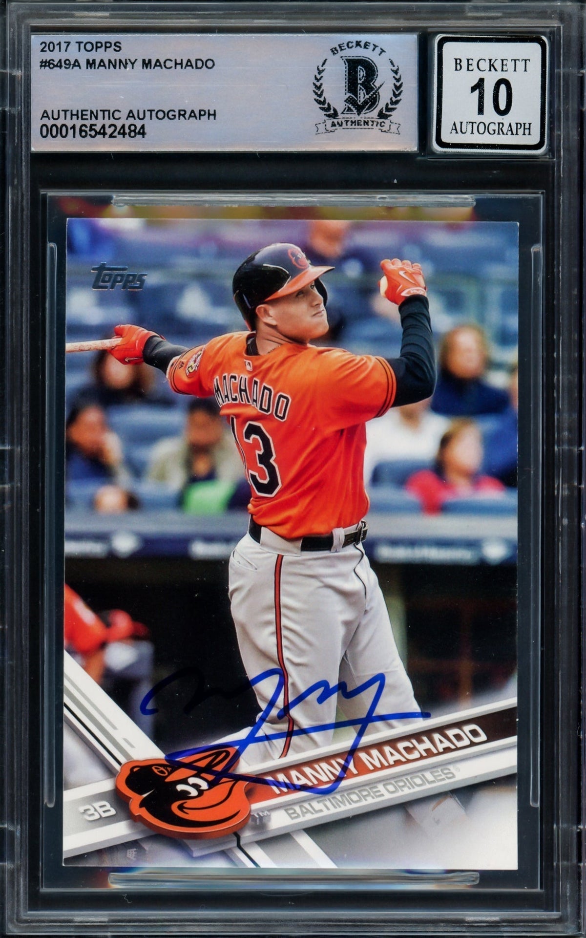 Manny Machado Autographed 2017 Topps Card #649 Baltimore Orioles Auto Grade Gem Mint 10 Beckett Bas